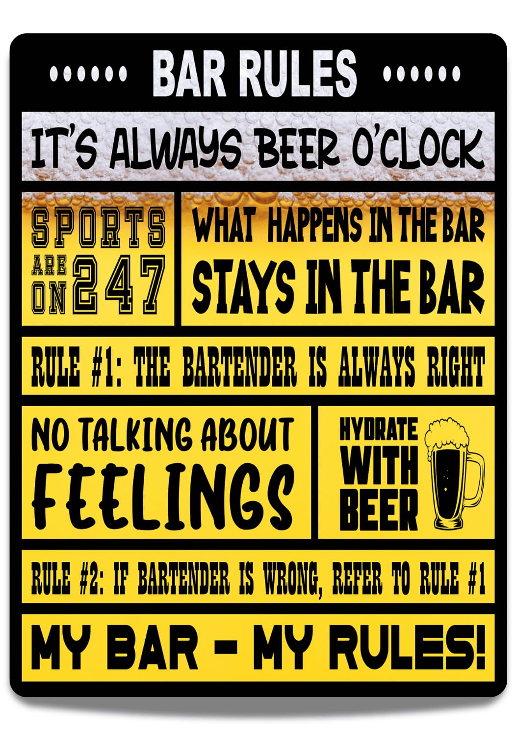 Funny Sign for Bar - Man Cave Decor Pub Metal Plaque - Wall Art for Home, Tiki Bar, Gaming Room, Garage, Indoor/Outdoor (Bar Rules)