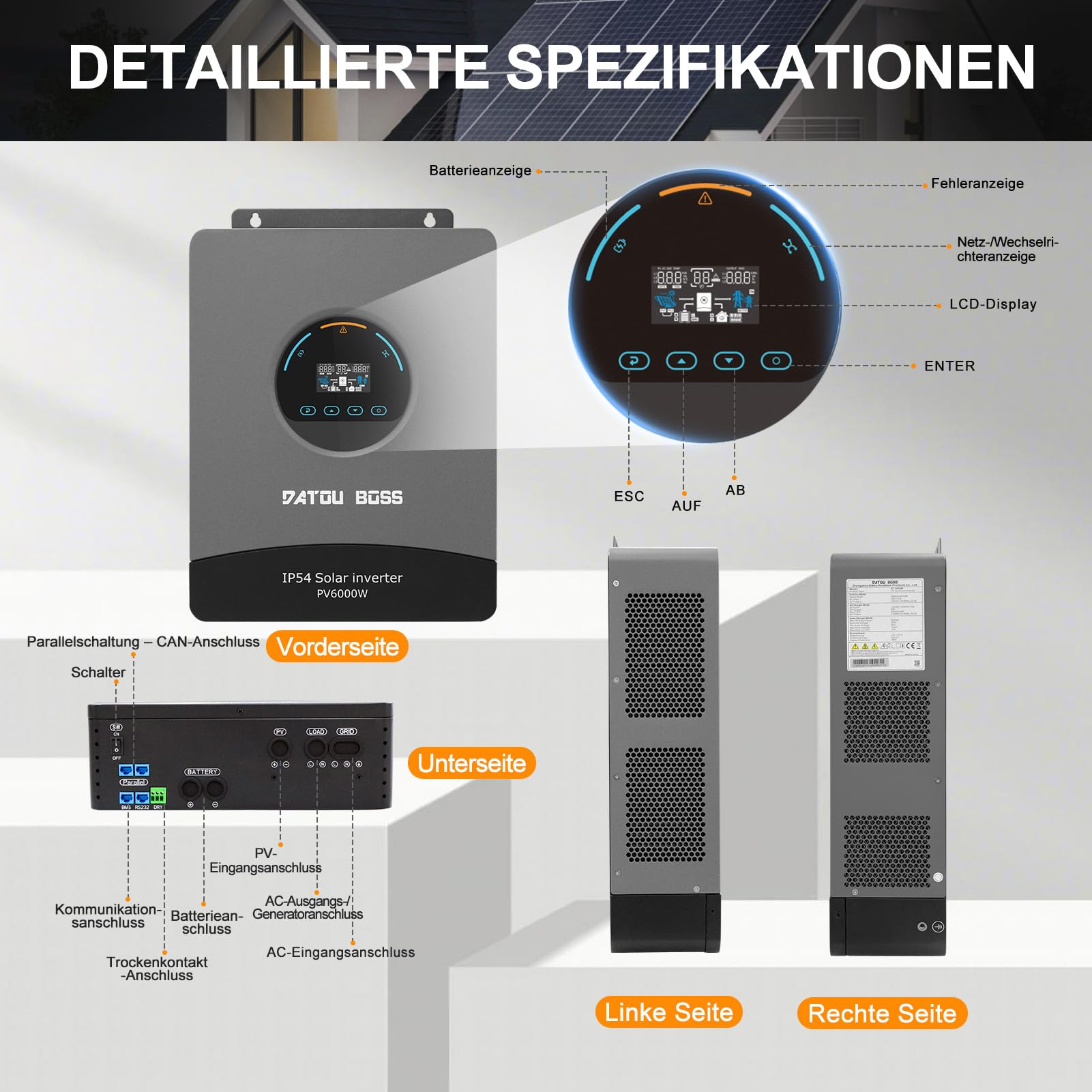 DATOUBOSS 6000W Hybrid Solar Wechselrichter 48V, Reiner Sinus, integrierter 120A MPPT, Blitz- und Wasserschutz, batterieloser Start, für Off-Grid Solarstrom (48V 6000W)