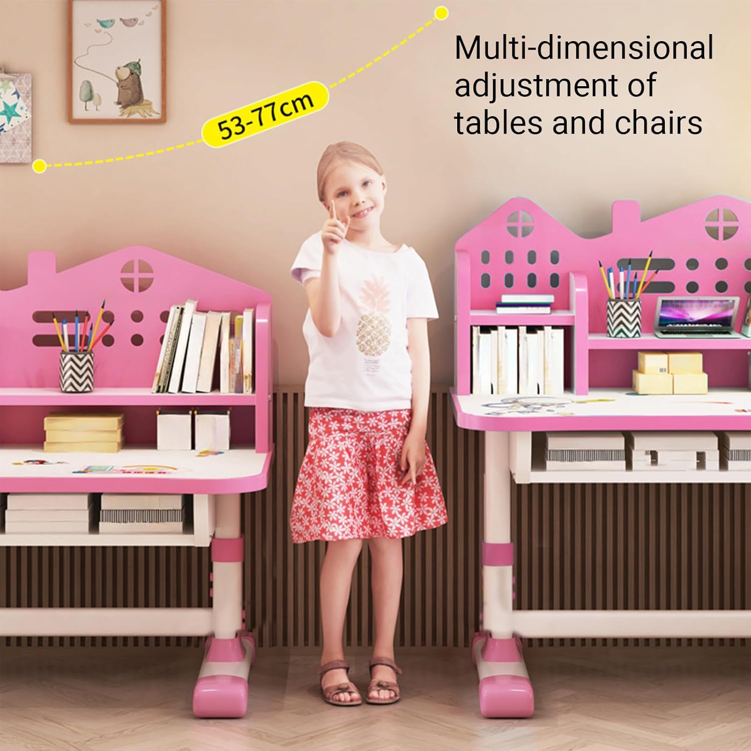 Kids Functional Desk Chair Set, Study Desk for Children with Chair,Height Adjustable, with Castle Backboard, Widened Desktop, Bookstand and Storage Drawer,for Your Girls Pink02