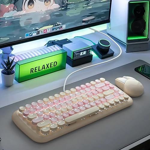 Miniatura 5 de Lomiluskr Lindo teclado mecánico con cable colorido para niñas y niños, teclas redondas, 84 teclas compactas, 10 efectos de iluminación