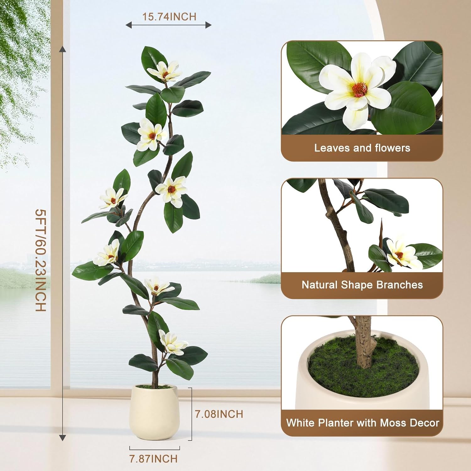 5FT Rubber Tree Artificial Tree, Fake Floor Plant with 7 Pcs Magnolia Flowers in White Planter Bonsai Planter, Indoor Tall Faux Plants for Living Room Home Decor, Gifts for Women