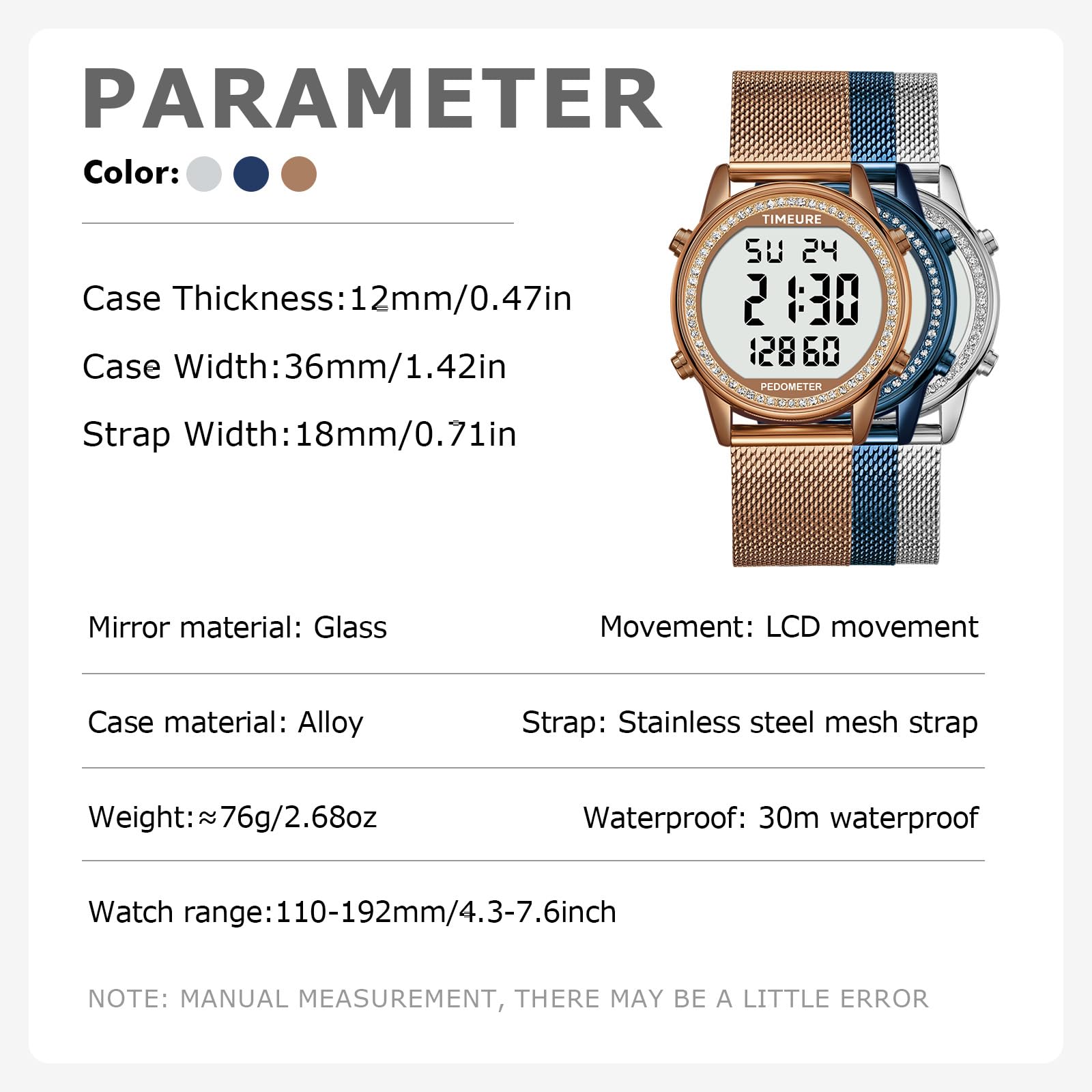 TIMEURE Reloj podómetro para mujer, con contador de pasos, piedra de cristal, sin aplicación, no necesita carga para pasos, calorías, seguimiento de distancia, alarma, temporizador de cuenta