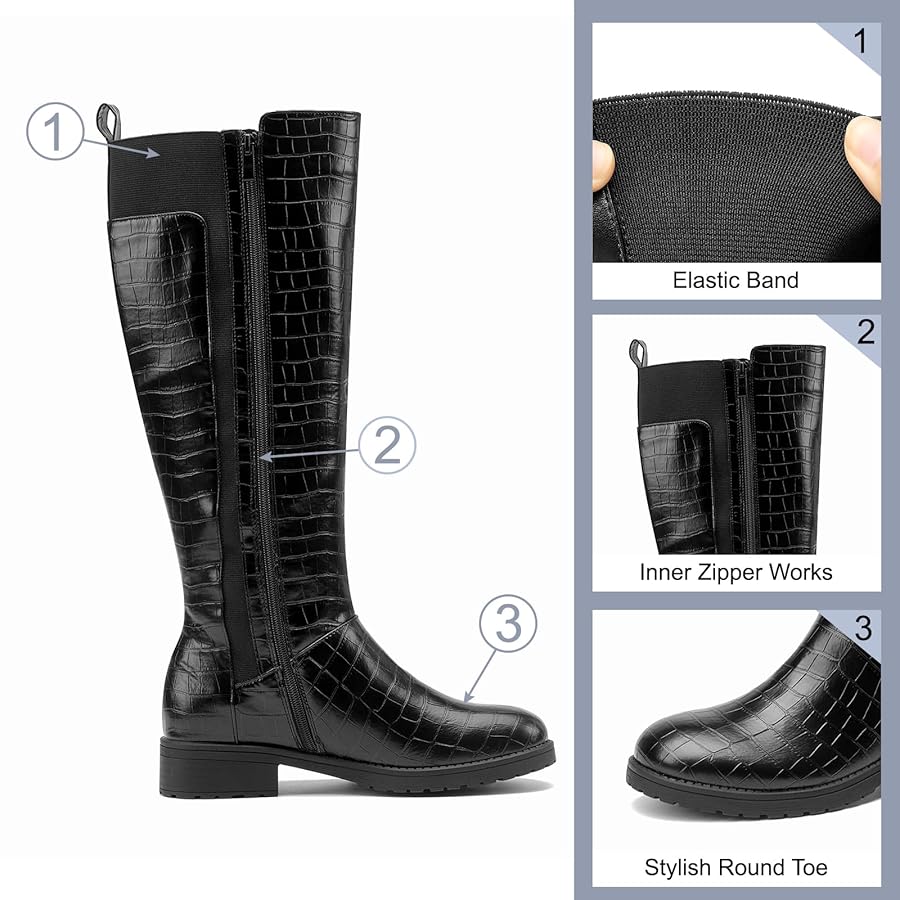 【ACLENT】Round buckle long boots Buy Black Leather Standard/Wide Fit Forever Comfort® Knee