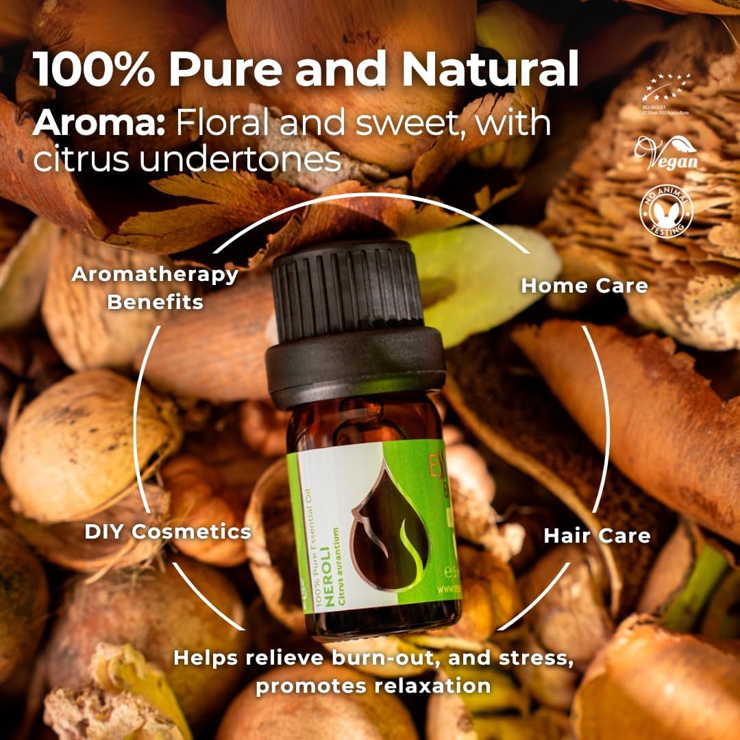 Essences Bulgaria Organic Neroli Essential Oil 0.17 Fl Oz 5ml Citrus aurantium - 100% Pure Natural Undiluted Therapeutic Grade for Aromatherapy Diffuser Humidifier Hair Growth Candle and Soap Making