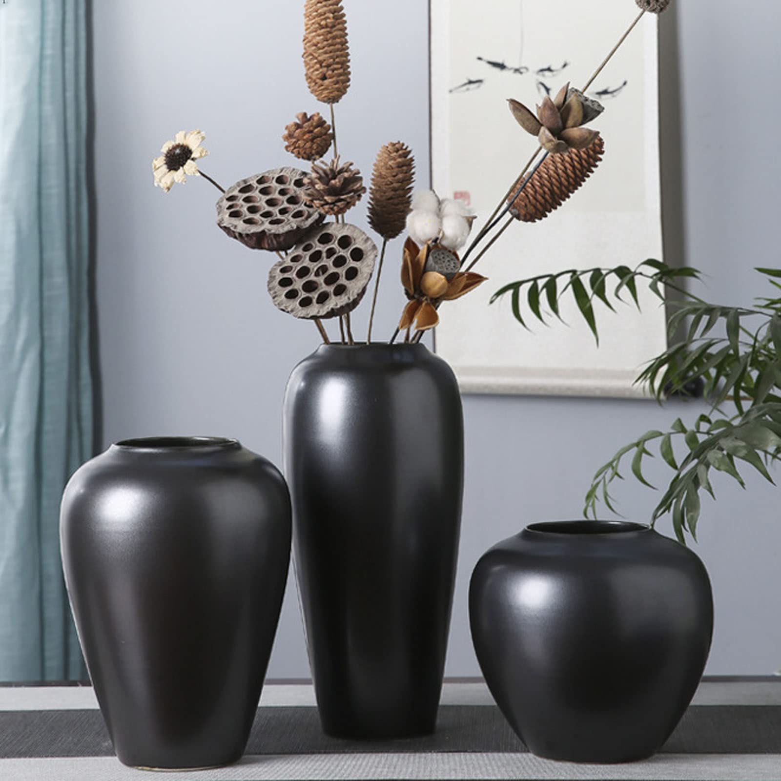 Amazon.co.jp: ヴィンテージセラミック黒花瓶、パンパスグラス、ドライ