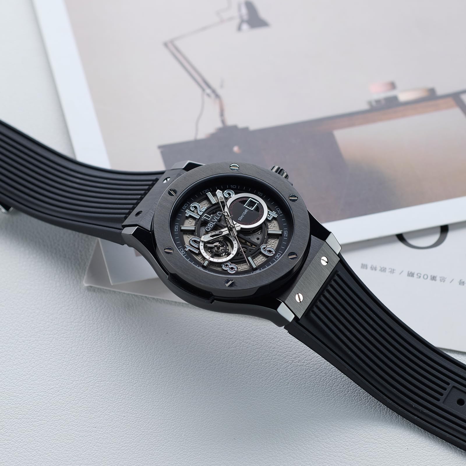 OBLVLO Orologio meccanico classico da uomo, quadrante nero in oro rosa con data, impermeabile, movimento automatico Miyato, cinturino in gomma, HM-GT