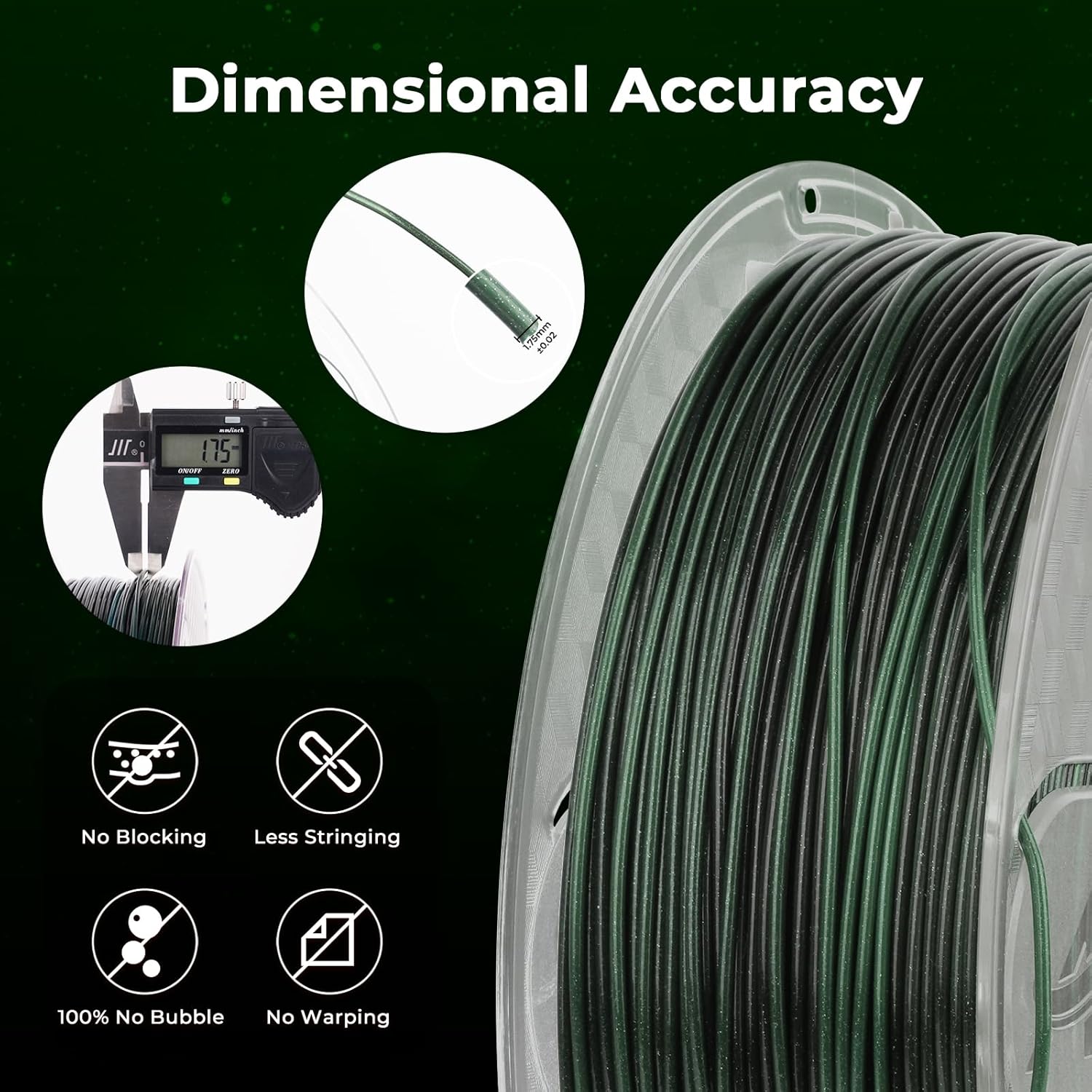 AMOLEN PLA 3D Printer Filament, PLA Filament 1.75mm Silk Black Shiny Green Filament, 3D Printing Filament 1KG/2.2lb