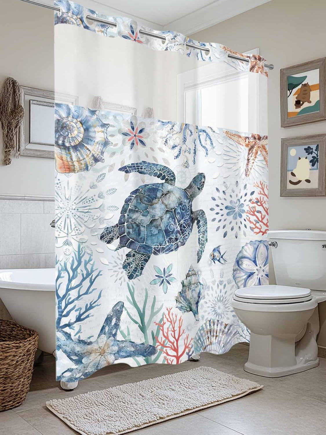 No Hook Shower Curtain with Snap in Liner, Sea Turtle Blue Ocean Shell Starfish Waterproof Bath Curtain Double Layers with See Through Top Window, Coral Marine Life Hotel Shower Curtains
