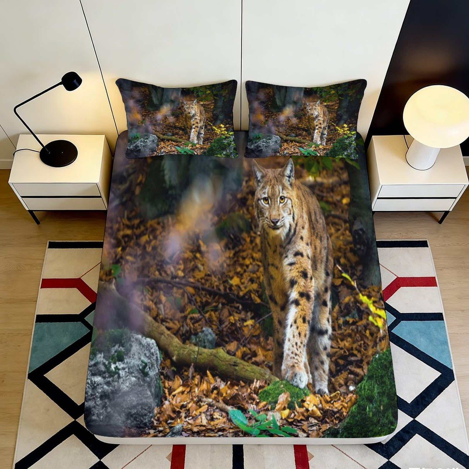 3D Printed Wild Lynx Forest Fitted Sheet Microfiber Mattress Cover Autumn Leaves Bedroom Decor, Anti-Slip, Machine Washable, For Home Guest Room 140x200x25cm