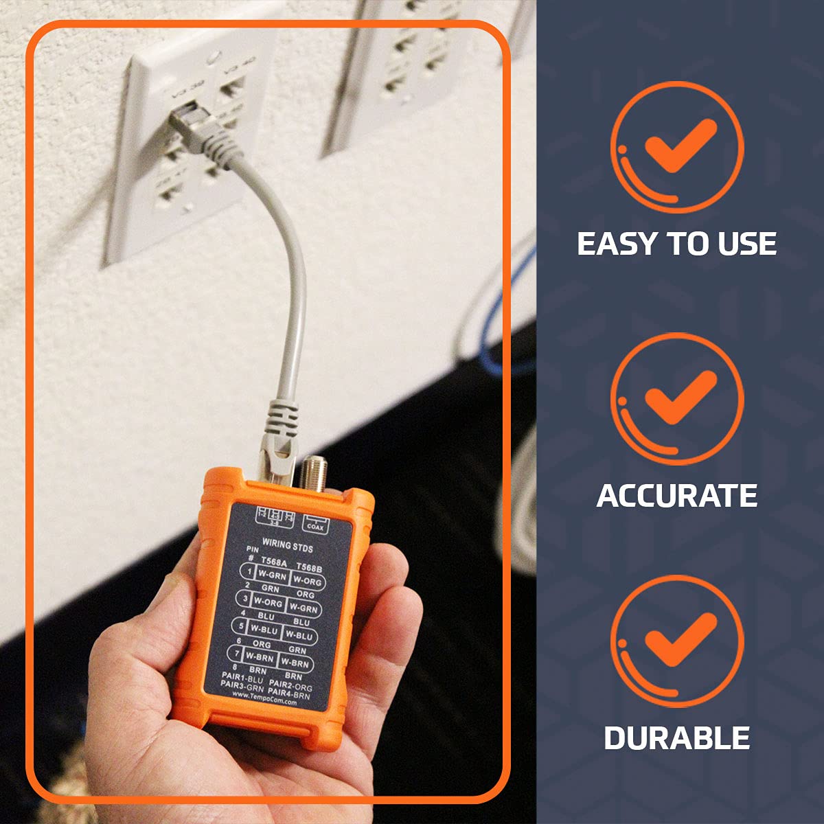 TEMPO Communications PA1594 - Probador de cable de red | Probador de continuidad de cables LAN y AV | RJ45 de 8 vías, UTP, STP, cables coaxiales (modelo 2023)