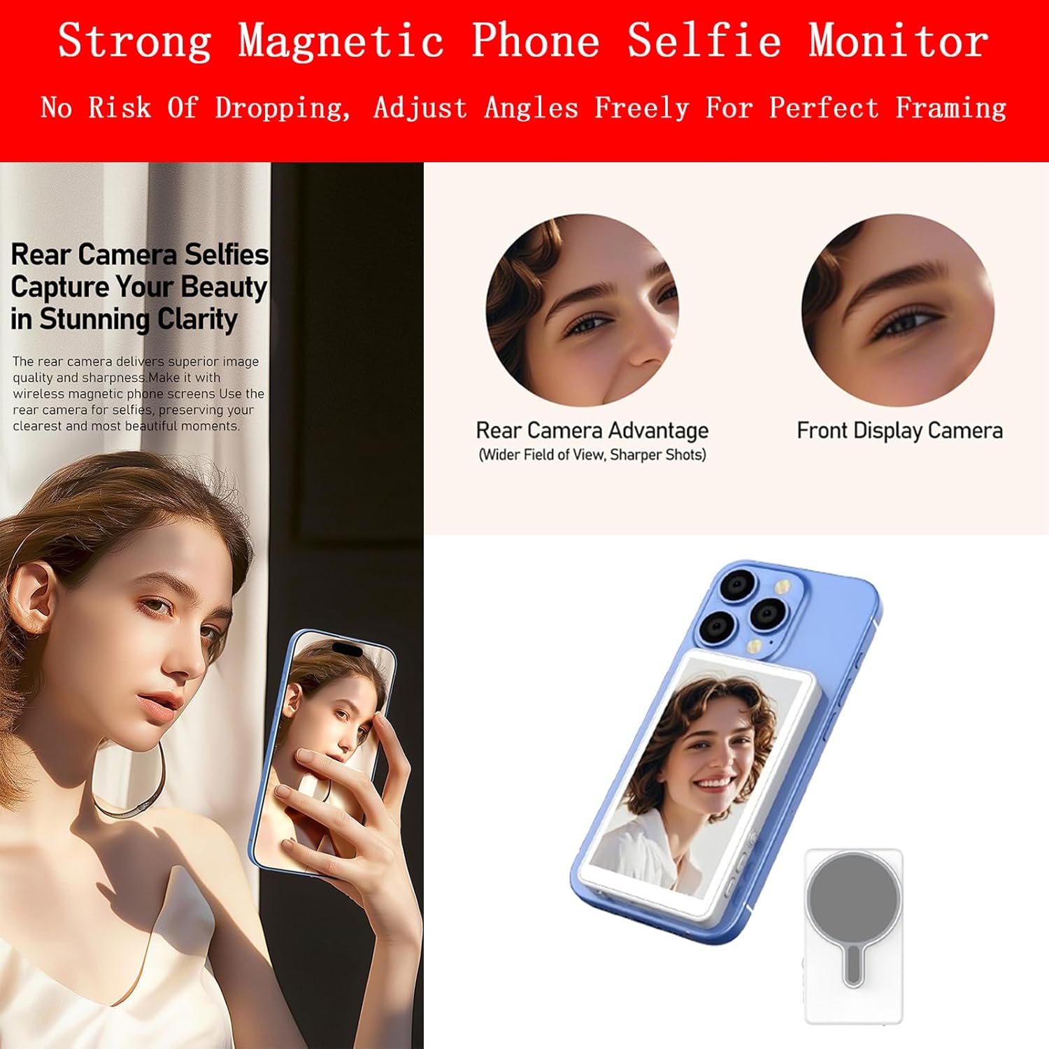 Magnetic Phone Vlog Selfie Monitor Screen for iPhone & Android, Wireless Screen Mirroring Connection with Bluetooth Remote, Using Phone Rear Camera for Selfie Vlog Live Stream TikTok YouTube White