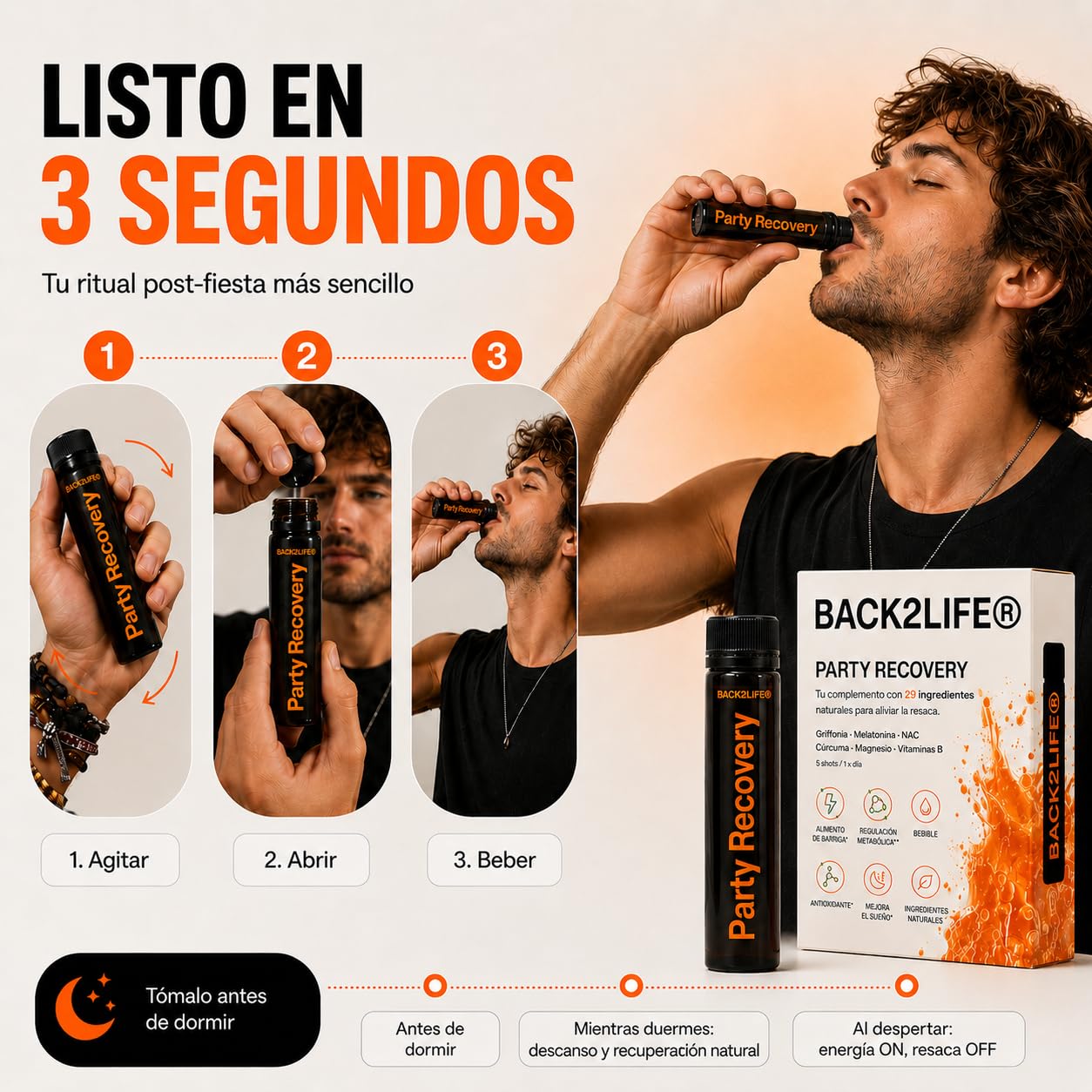 Complemento Stop Resaca Bebible | Vitamina C + Zinc + Taurina + Melatonina + Magnesio Bisglicinato | Anti Resaca 29 Activos Naturales | Kit 5 Shots | Alta Absorción - Party Recovery by BACK2LIFE | Bebible, con Vitamina C, Zinc, Taurina, Melatonina y Magne
