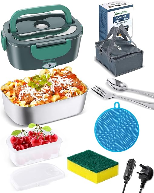 Electric Lunch Box 80W Faster Heated Lunch Box Portable Food Warmer for Car Home with Removable 304 Stainless Steel Container Spoon & Fork and Carry Bag (Grey+Green)