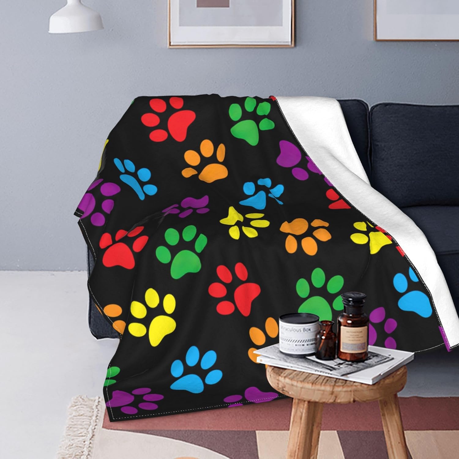 Colorful Dog Paw Print Blanket Fleece Throw Blanket Ultra