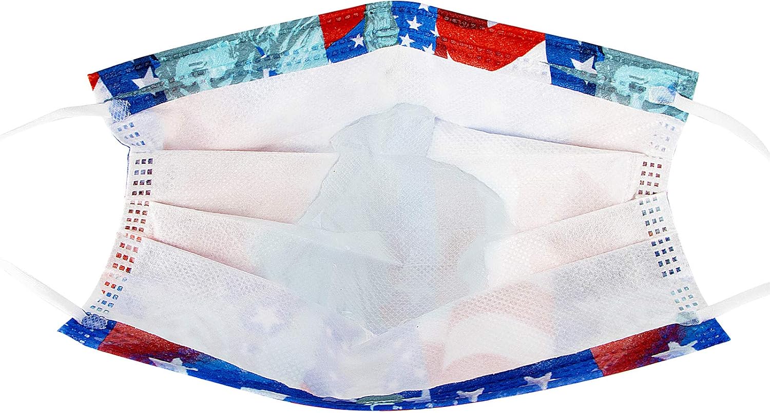 Edaren 50 Pack Disposable Face Masks with Designs, Paper Printed Masks for Women Men, 3 Ply Colorful Cute Masks Adults USA Flag
