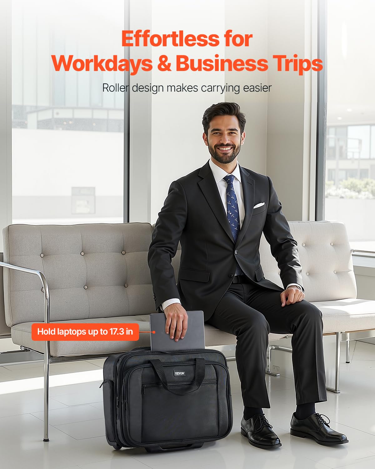 VEVOR Laptop Trolley, passend für Laptops bis zu 17,3 Zoll (44 cm), Aktenkoffer, Notebooktasche mit Rollen und Teleskopgriff, Laptoptasche für Arbeit, Reisen, Büro, 450x210x370 mm (Schwarz)