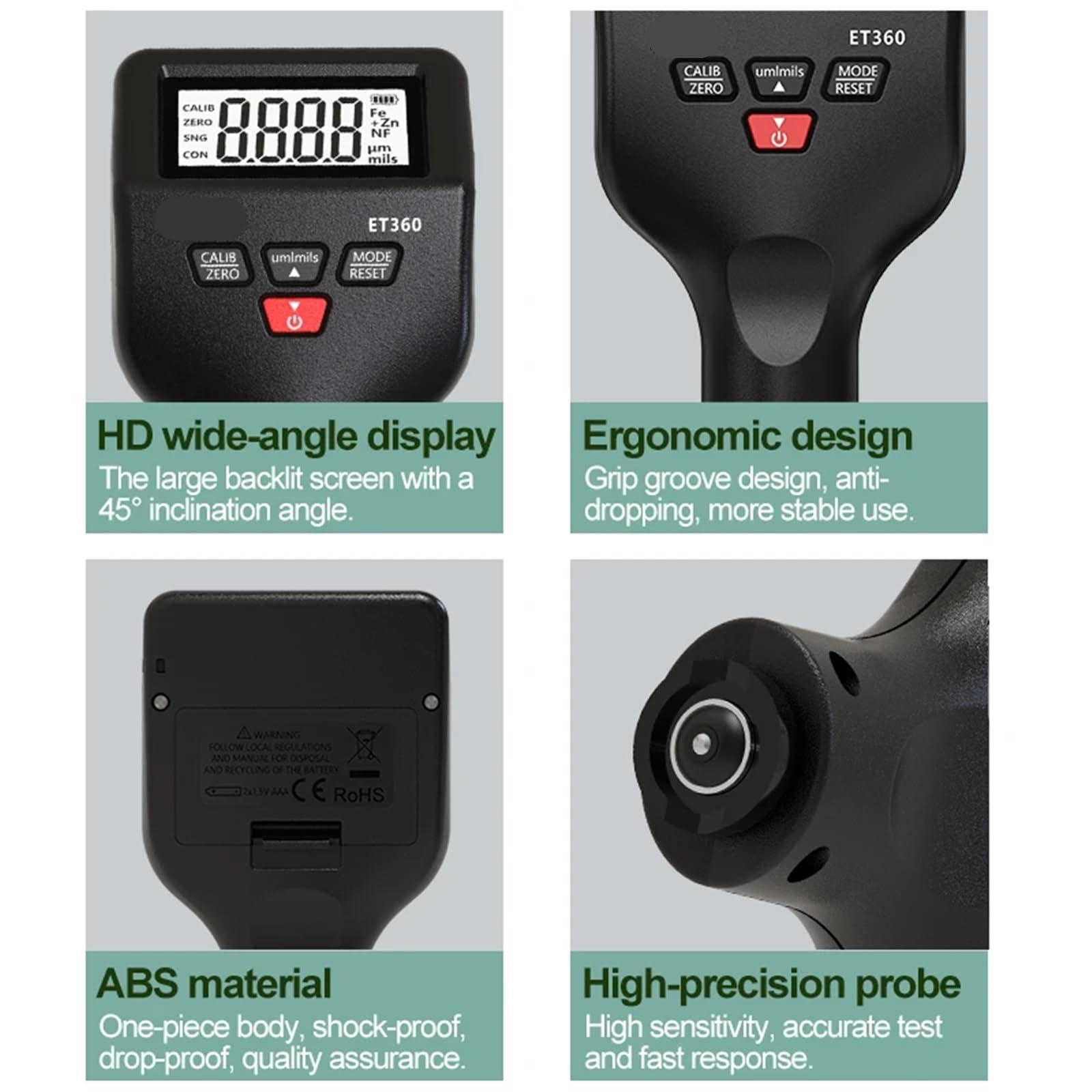 Miernik grubości, ET360 Magnetyczny miernik grubości dla samochodów Mini tester Przyrządy pomiarowe 0-1500um Lakier samochodowy Tester, dla samochodu
