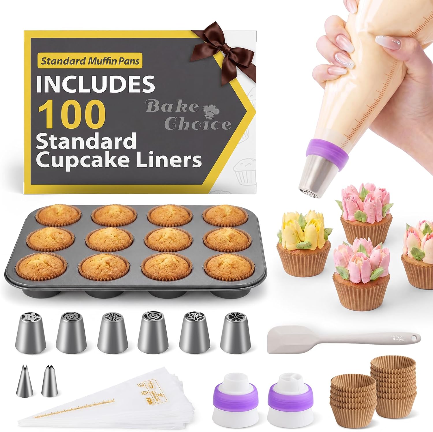 Bake Choice Cupcake Pan for Baking, 132 PCS Muffin Pan Kit with Cupcake Liners, Scraper, Pastry Bags, Coupler, Russian Piping Tips Set, Muffin Tin Nonstick 12 Cup Baking Supplies