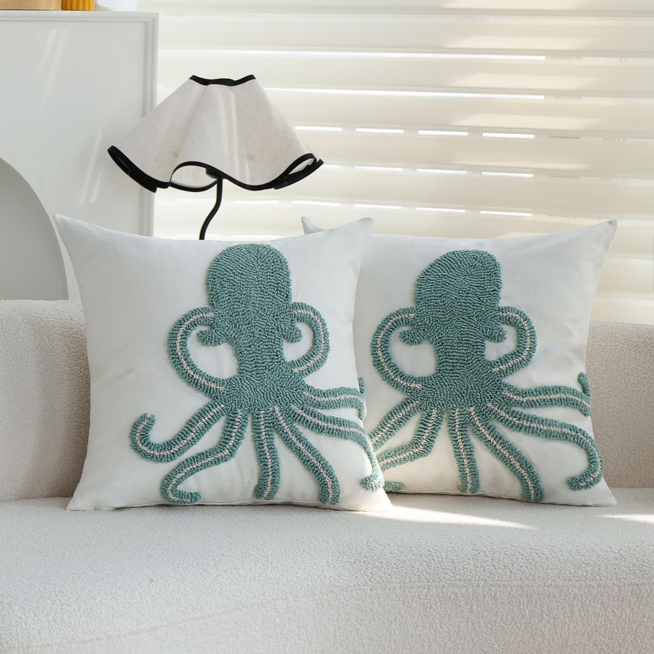 Tufted Octopus Throw Pillow Covers 18x18 Inch Set of 2, Coastal Decor Beach Themed Decorative Pillow Cases for Couch Sofa Bed, Ocean Accents Cushion Covers Tufing Embroidery Textured Sealife Pattern