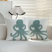 Tufted Octopus Throw Pillow Covers 18x18 Inch Set of 2, Coastal Decor Beach Themed Decorative Pillow Cases for Couch Sofa Bed, Ocean Accents Cushion Covers Tufing Embroidery Textured Sealife Pattern