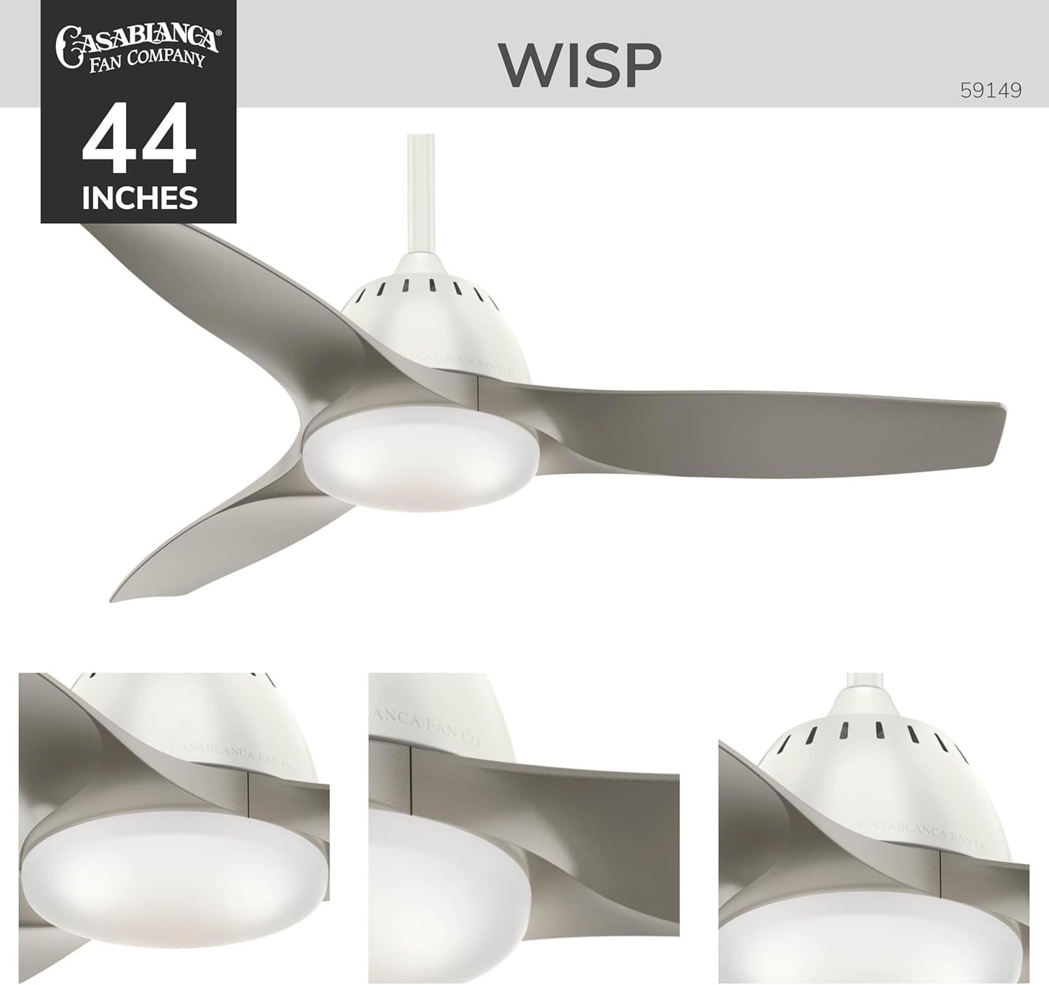 Casablanca 44 inch Indoor Ceiling Fan with LED Light and Remote Control- Standard Mount White Ceiling Fan, 3 Painted Pewter Blades, For Bedroom, Living Room, or Kitchen, Quiet- Wisp 59149, Fresh White