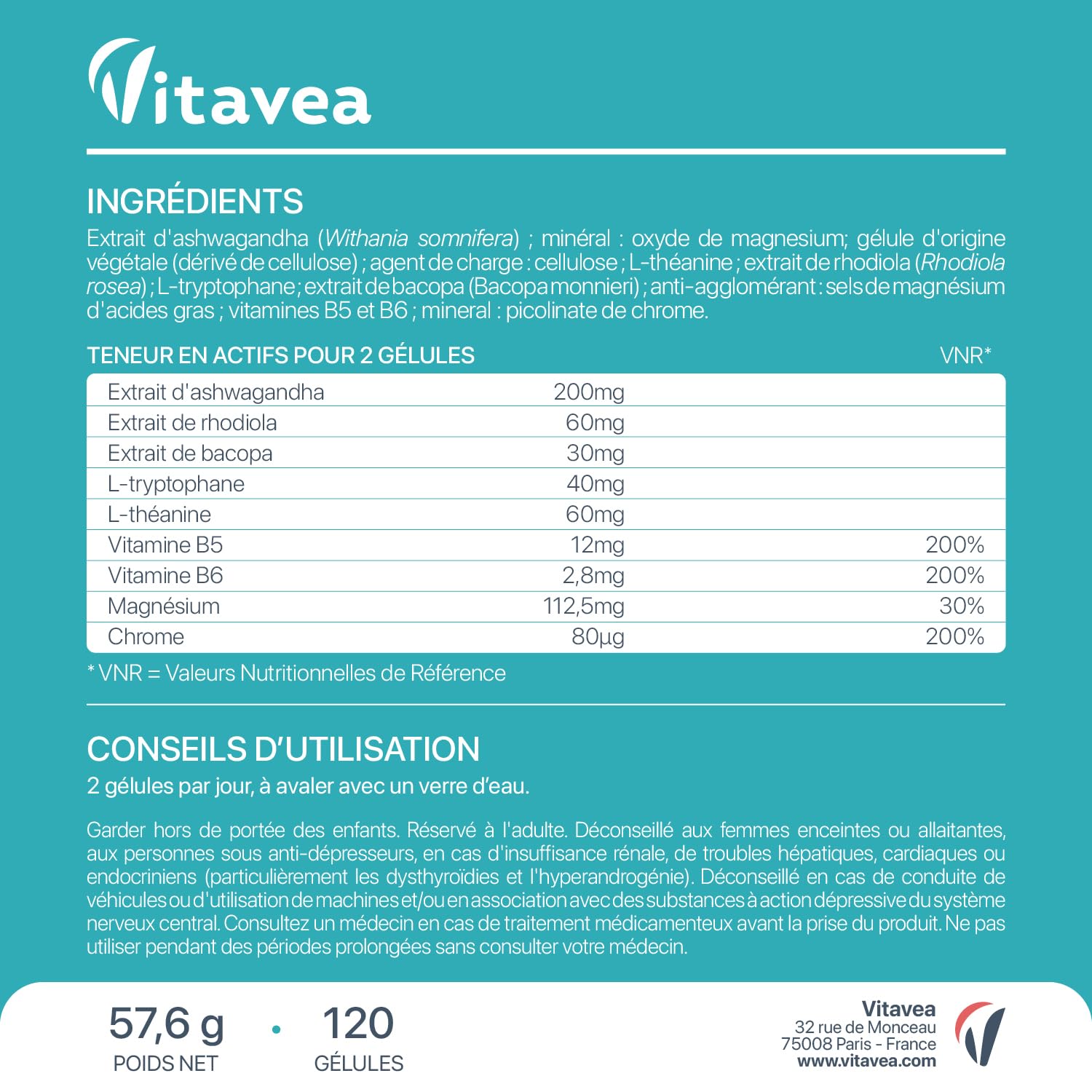 Cortisol Control – Complément anti-stress & fatigue – Ashwagandha, Rhodiola, Bacopa, L-théanine, Magnésium – 120 gélules Végan – Fabriqué en France – Vitavea