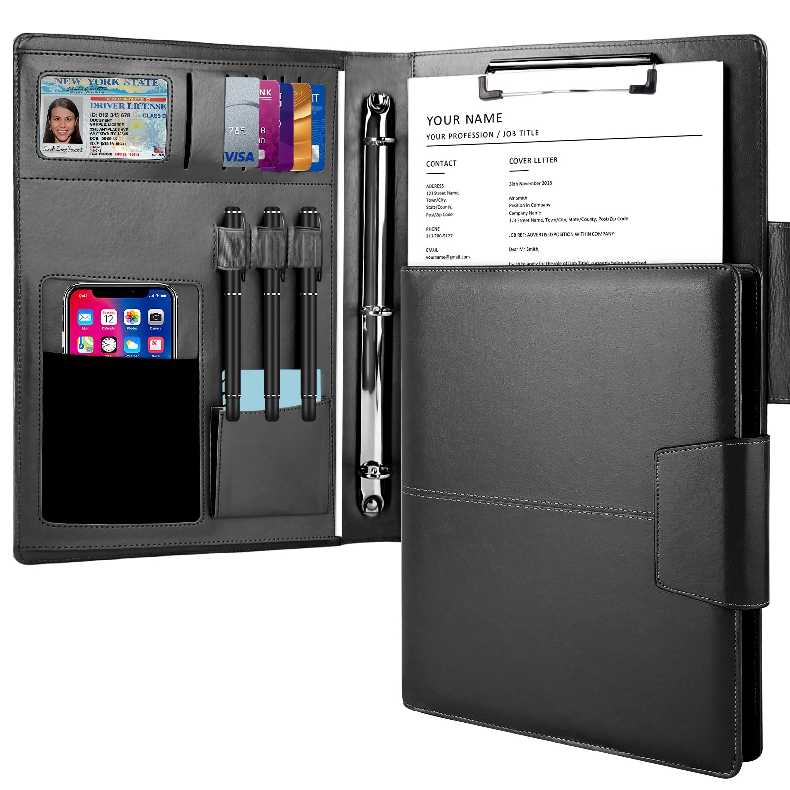 3 Ring Portfolio Binder Folder Faux Leather Padfolio Business Portfolio Organizer A4 Letter Size with Strong Magnetic Closure for Meeting,Presentation,Traveling,Wedding