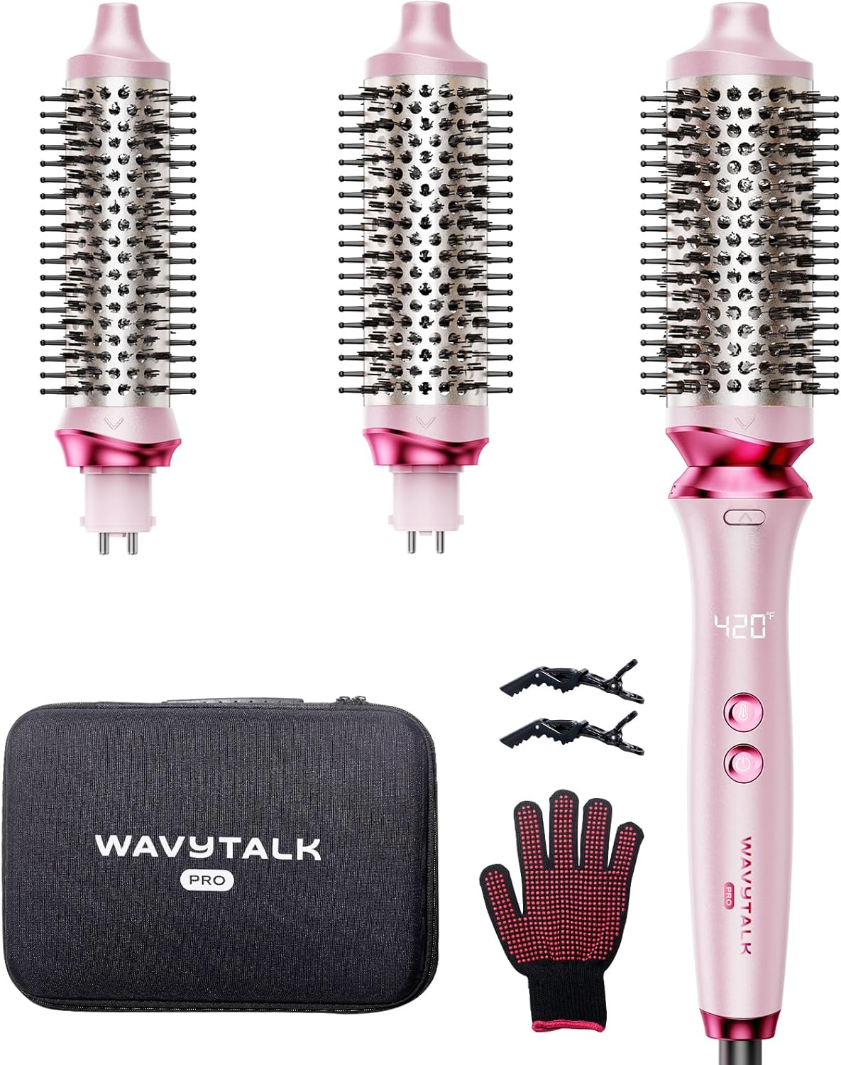 Wavytalk Pro Thermal Brush Set, Negative Ion Round Brush, Dual Voltage Heated Styler With 3 Sizes Detachable Brushes for Short and Long Hair One-Step Shiny Blowout Look, Pink