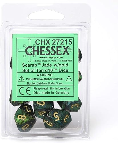 Chessex Manufacturing DND - Juego de dados Chessex D&D de 0.63 pulgadas, juego de dados poliédricos de plástico de jade escarabajo y dorado, dados