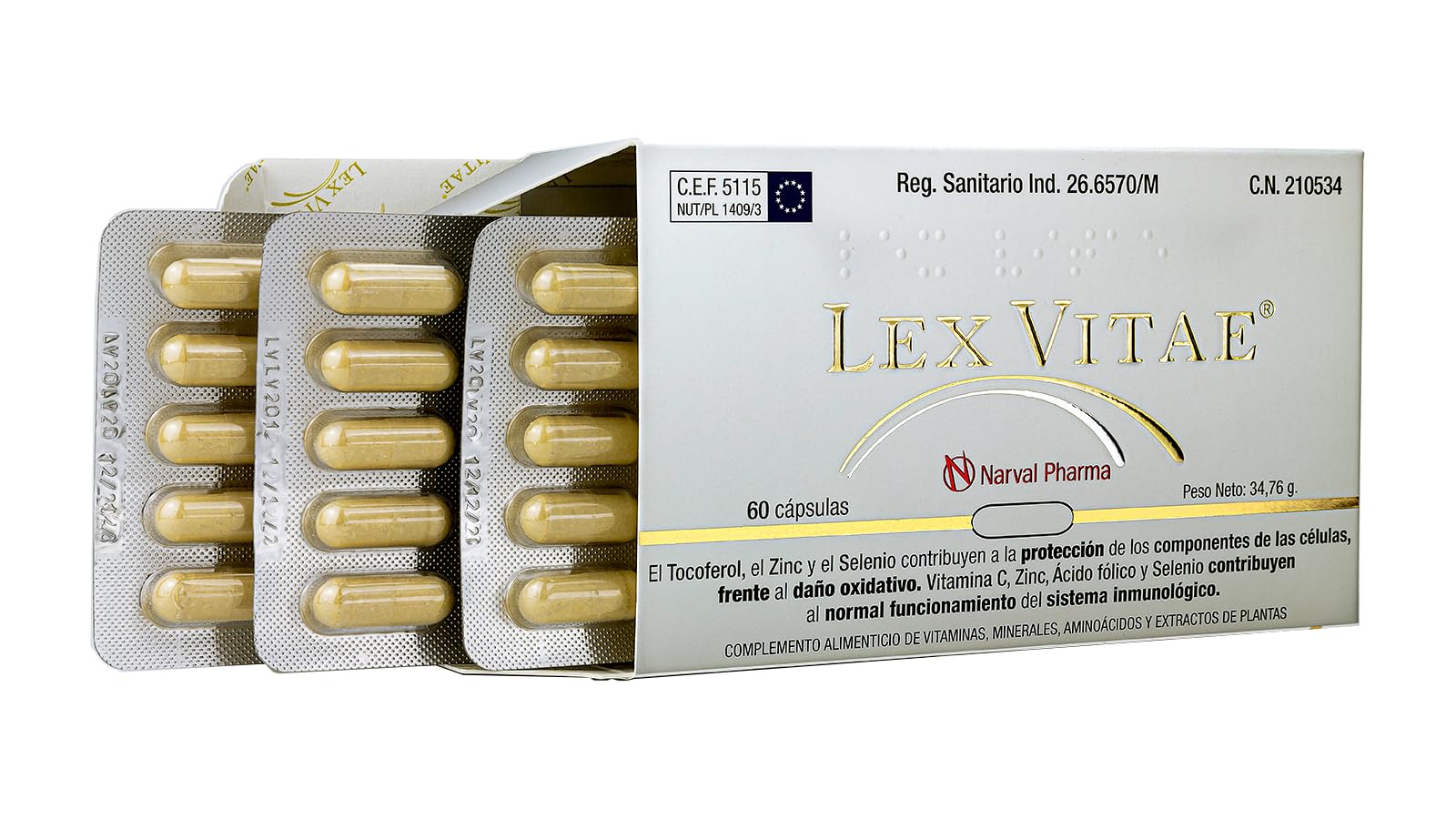 Lex Vitae® 60 Cápsulas - Potente combinación de Resveratrol, Q10, Ácido Fólico, Glutatión, Selenio, Zinc, SOD, Cisteína, Metionina y Vitaminas A, C y E - Narval Pharma