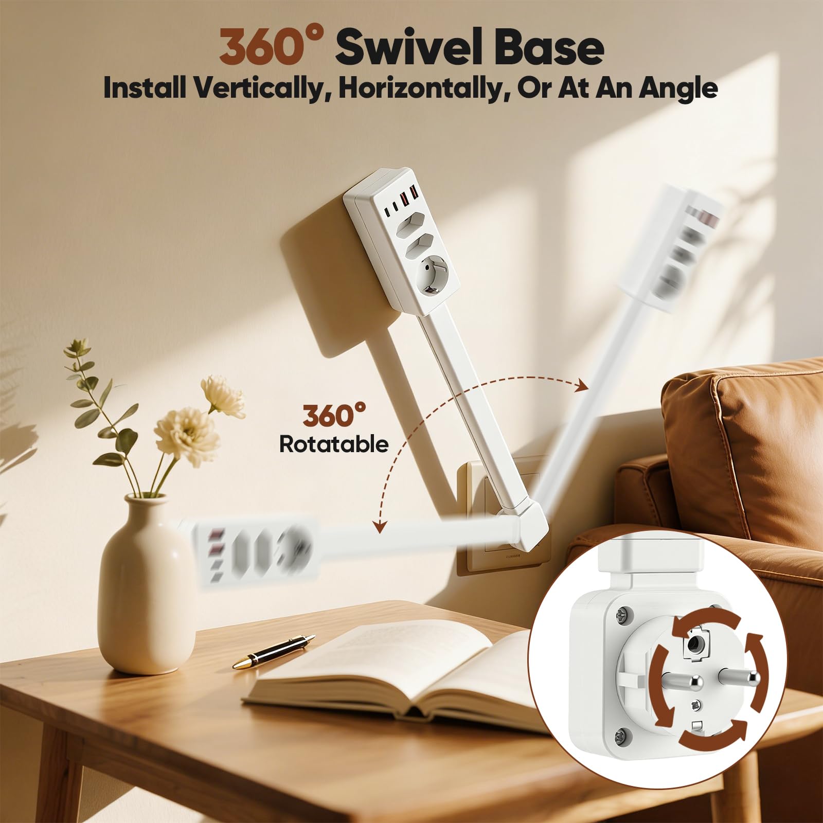 Regleta Extensible Pared de 47-67 cm, Enchufe Alargador Extensible y Giratorio 360°, Regleta Múltiple con 3 Tomas AC + 2 USB-A + 2 USB-C, para Cocina, Escritorio, Viajes, Camping