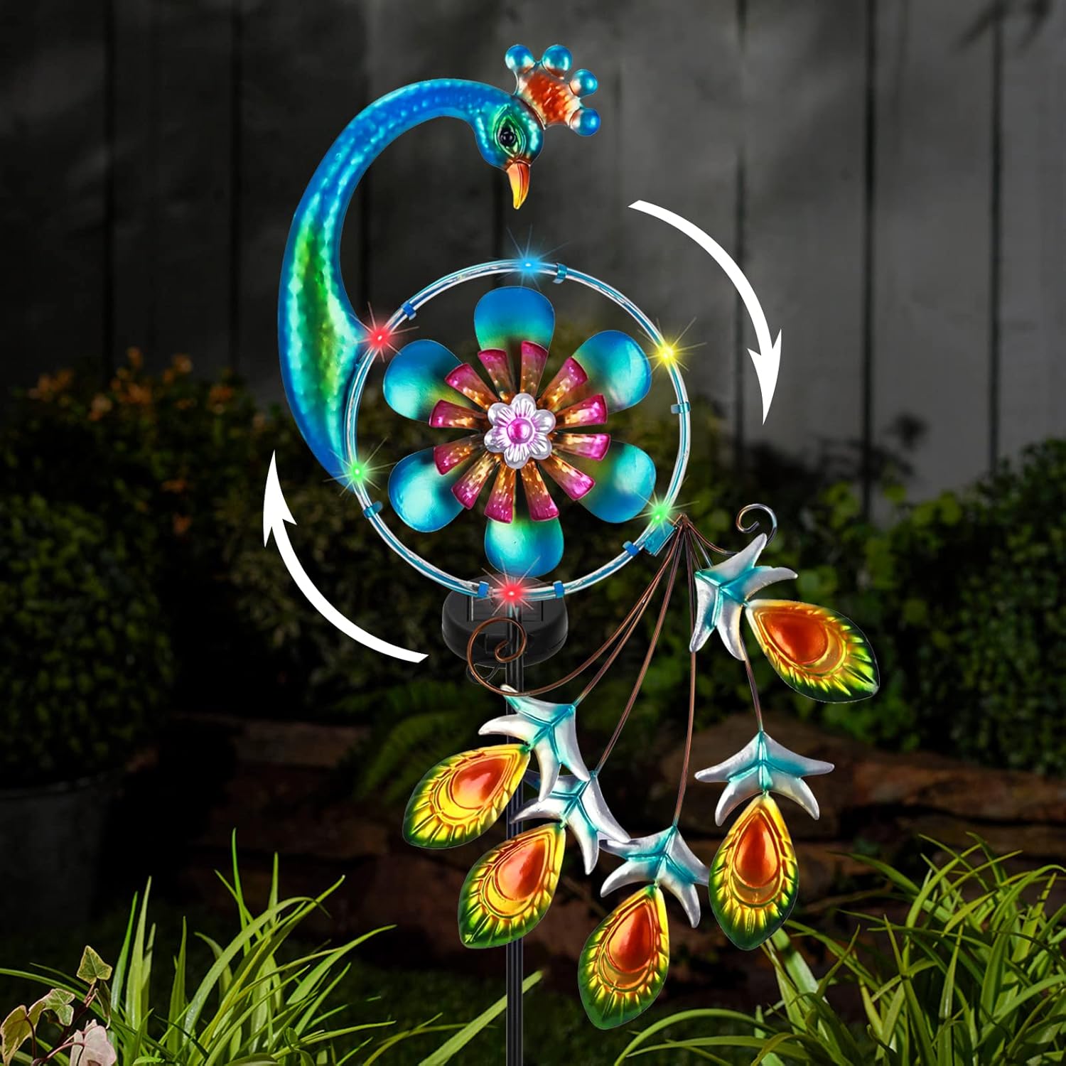 Solar Peacock Wind Spinner Metal Garden Stake, 12 Multi