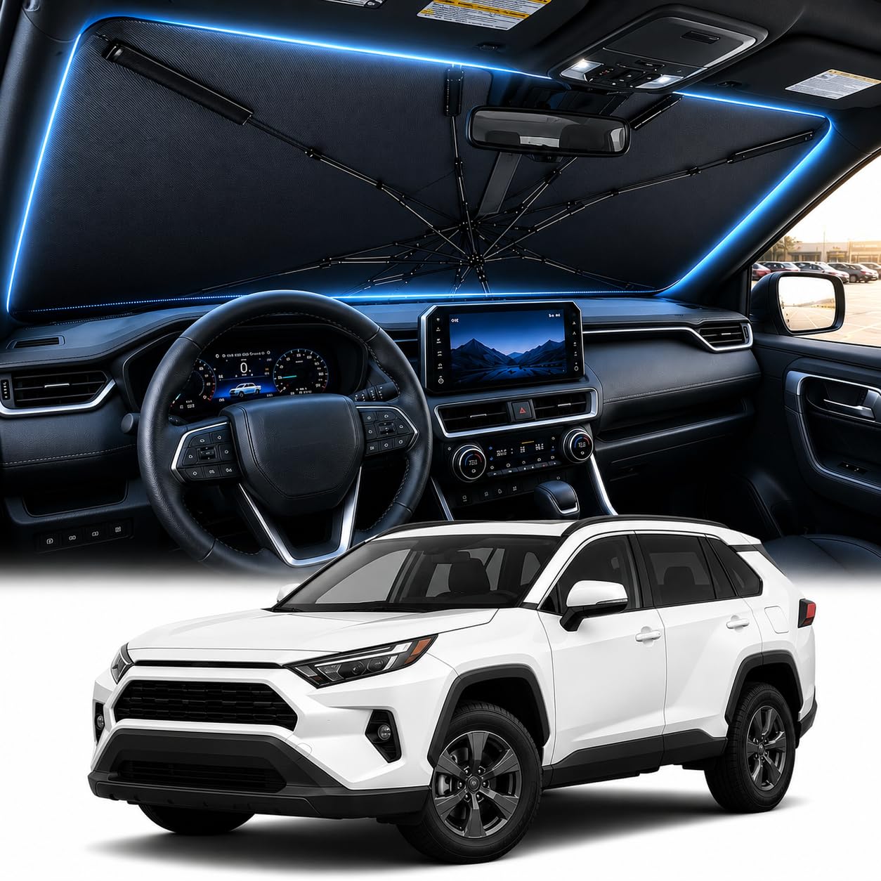 Photo 1 of [2026 Upgraded] DooGooCoo Windshield Sun Shade [Up to 70°F Cooler, 100% Sunlight Blocked] car Sun Shade Windshield Umbrella, Keeps Interior Cooler car Shade Front Windshield, Medium 57" x 32".