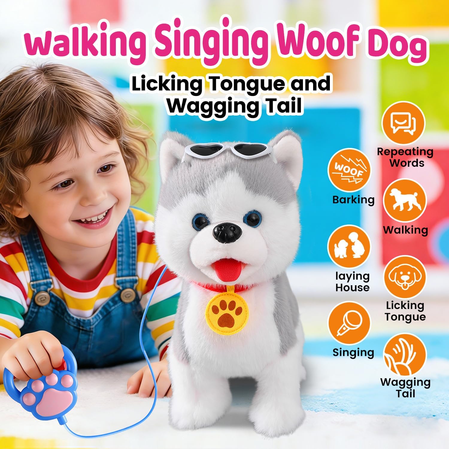 HCdoujoy Walking Barking Singing Husky Puppy Toy, Repeats What You Say, Realistic Licking Tongue Wagging Tail Mechanical Dog with Touch or Voice Control, Interactive Music Dancing Plush Pet for Kids
