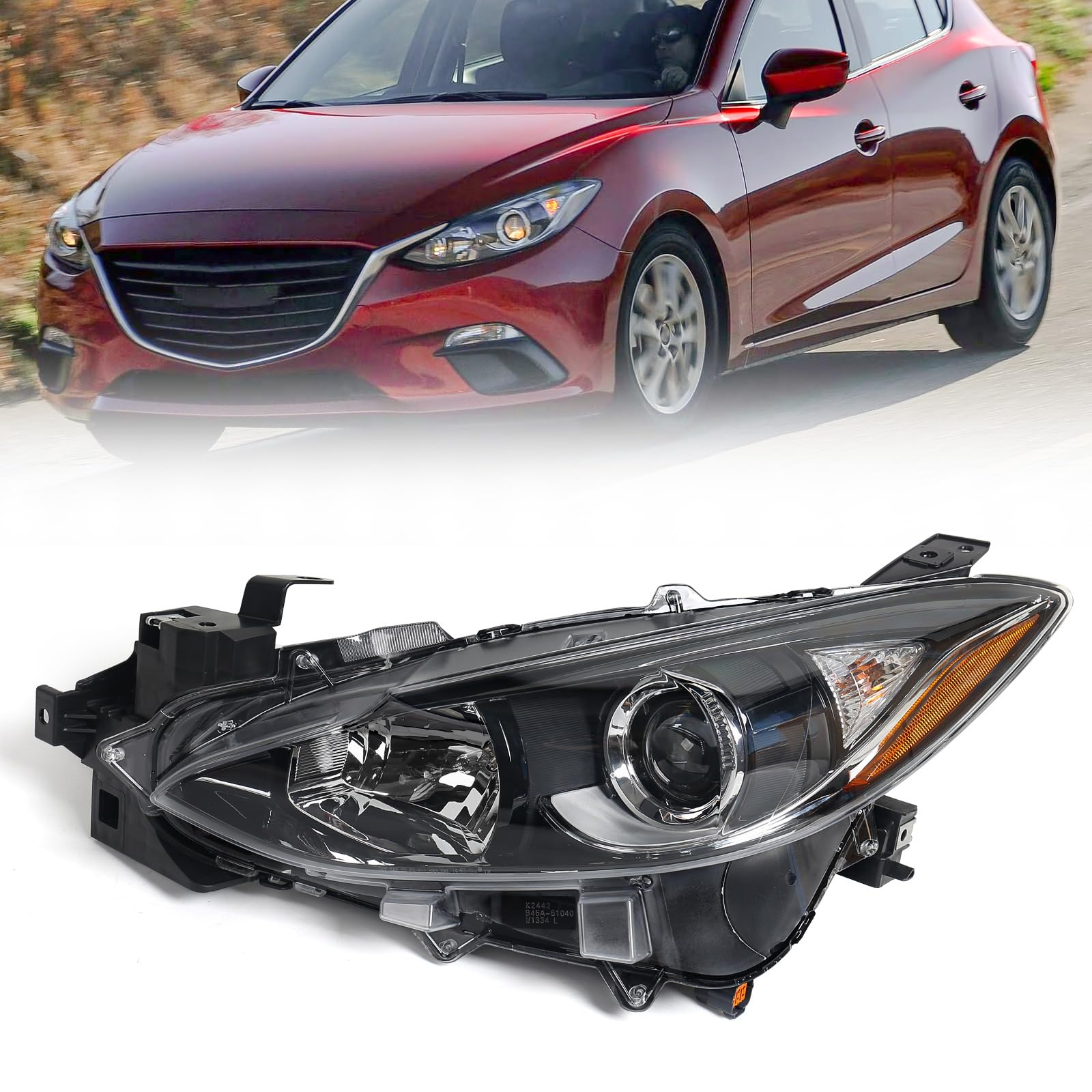 huray halogen headlight assembly for mazda 3 2014 2015 2016 lh projector headlamp w/bulbs oe factory replacement for ma2502144 left driver side