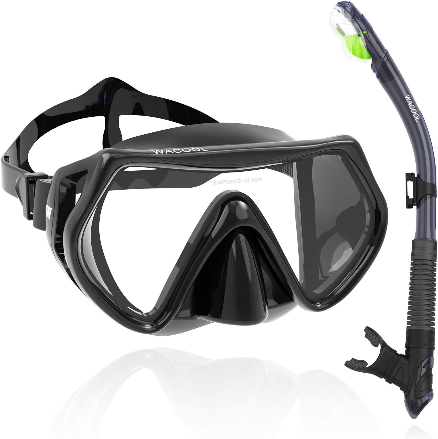 WACOOL Professional Snorkeling Snorkel Diving Scuba Package Set with Anti-Fog Coated Glass Purge Valve and Anti-Splash Silicon Mouth Piece for Men Women (Kids,Black)