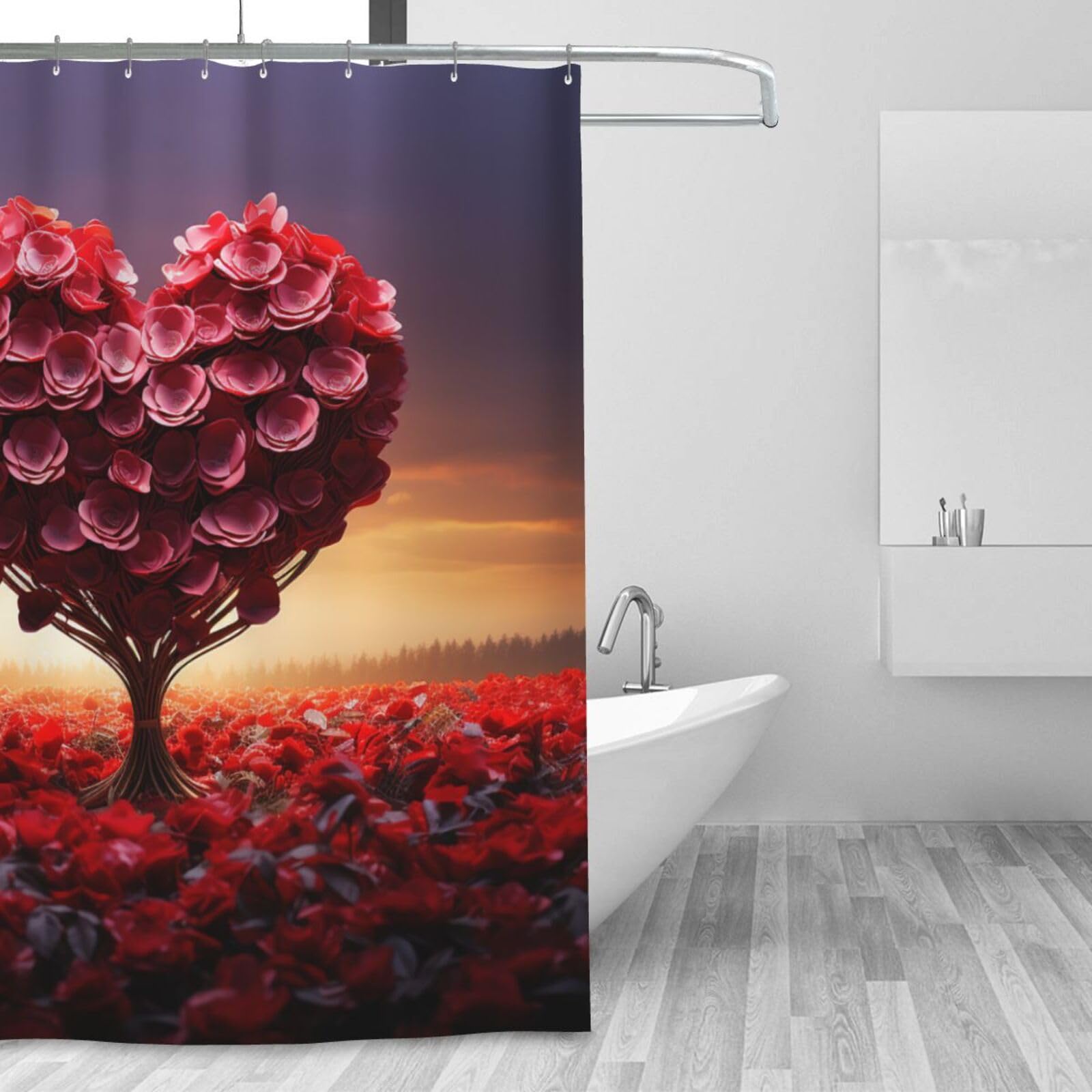 Rideau de douche rose rouge en tissu imperméable avec 12 crochets