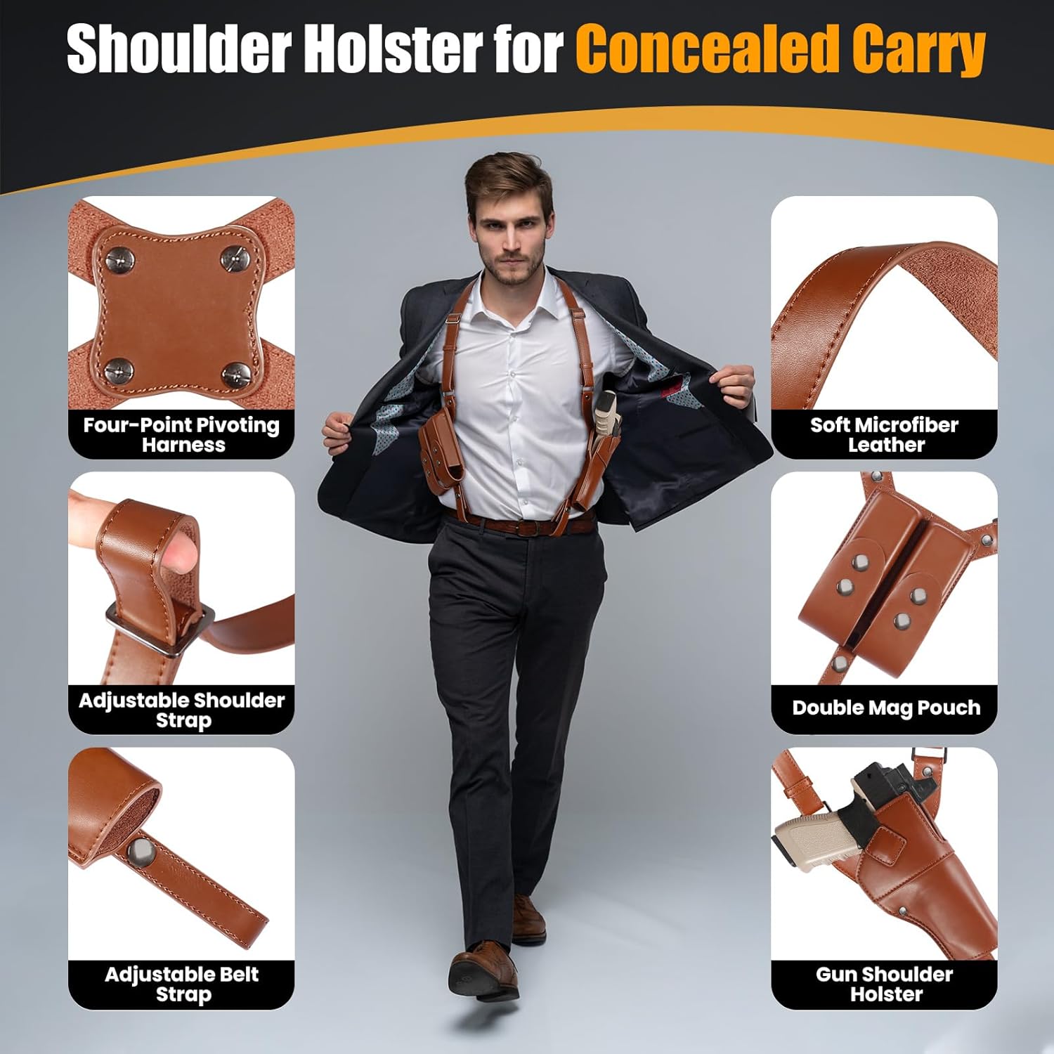 Shoulder Holster for Concealed Carry,Yigerlee Adjustable Vertical Gun Holster with Double Magazine Pouch,Made from Soft Microfiber Leather, Fits 1911, Glock 17/19, Beretta 92FS and More Pistol