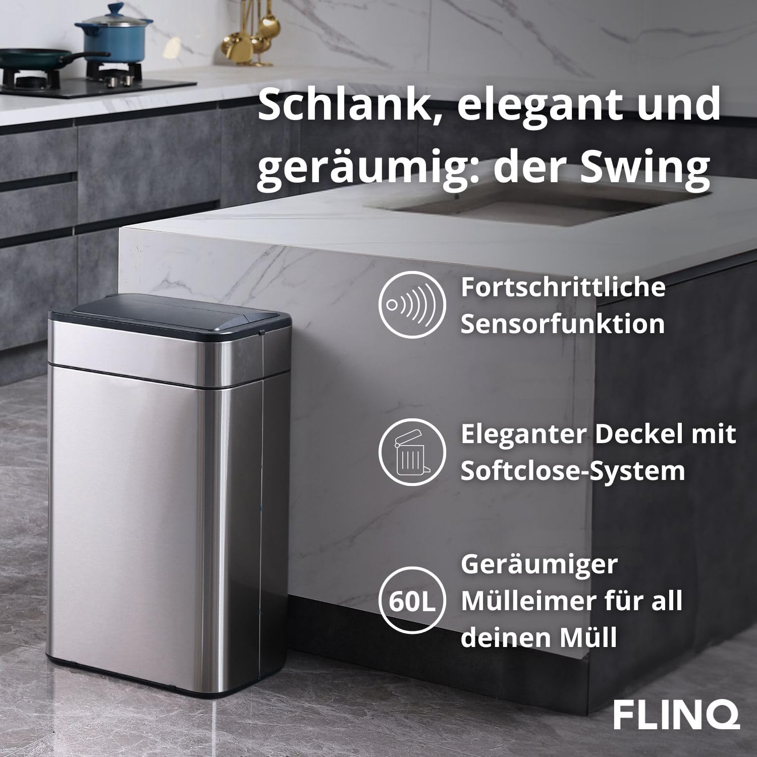 FLINQ 60L Sensor Mülleimer aus Edelstahl – Automatischer Küchenmülleimer mit Bewegungs­sensor – Großer Abfalleimer für Küche – Soft-Close Deckel - Silber