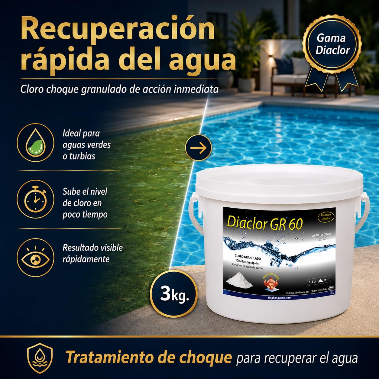 Cloro rápido para Piscinas DIACLOR GR 60 3 KG - Cloro granulado de disolución rápida - Dicloro granulado Puro