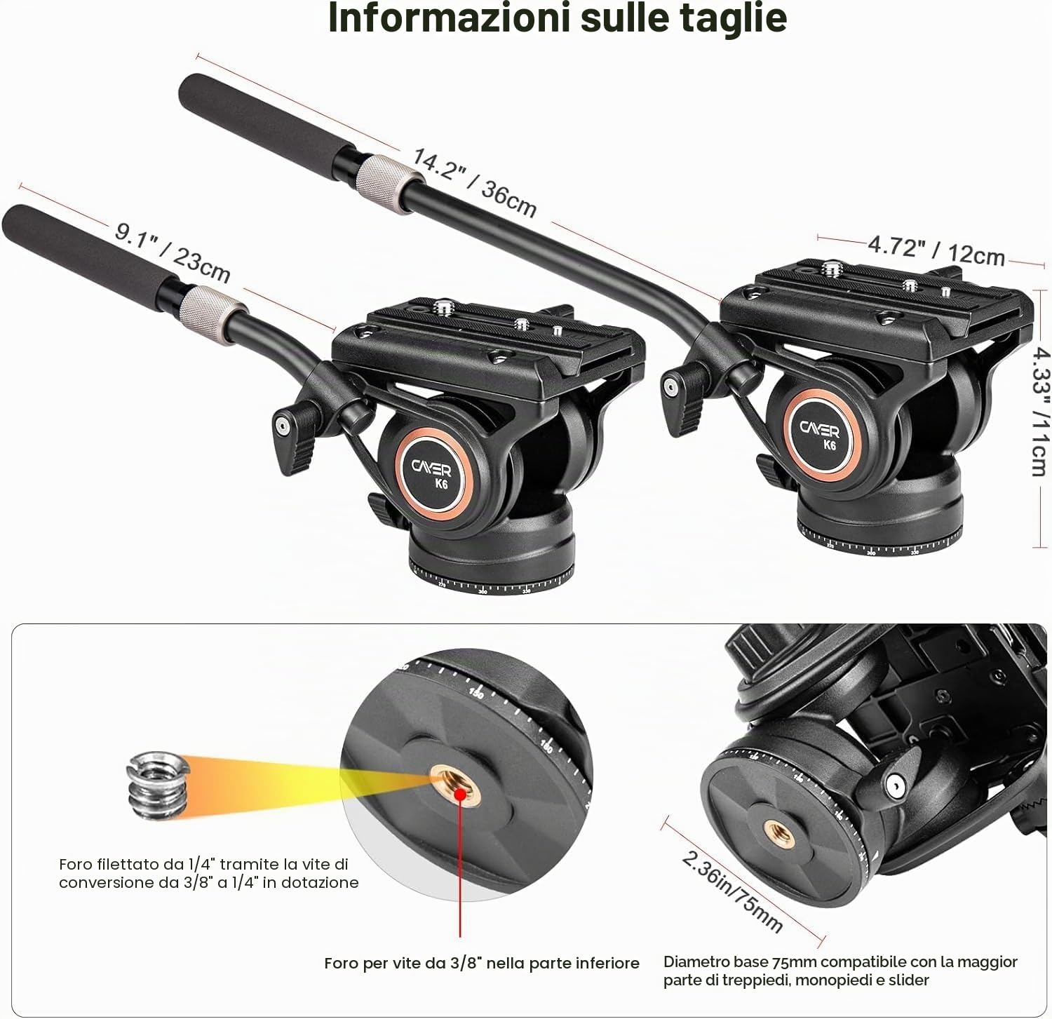 Cayer Testa fluida del treppiede video di con piastra a sgancio rapido, impugnatura telescopica e base graduata per fotocamere mirrorless, videocamere e reflex digitali, K6
