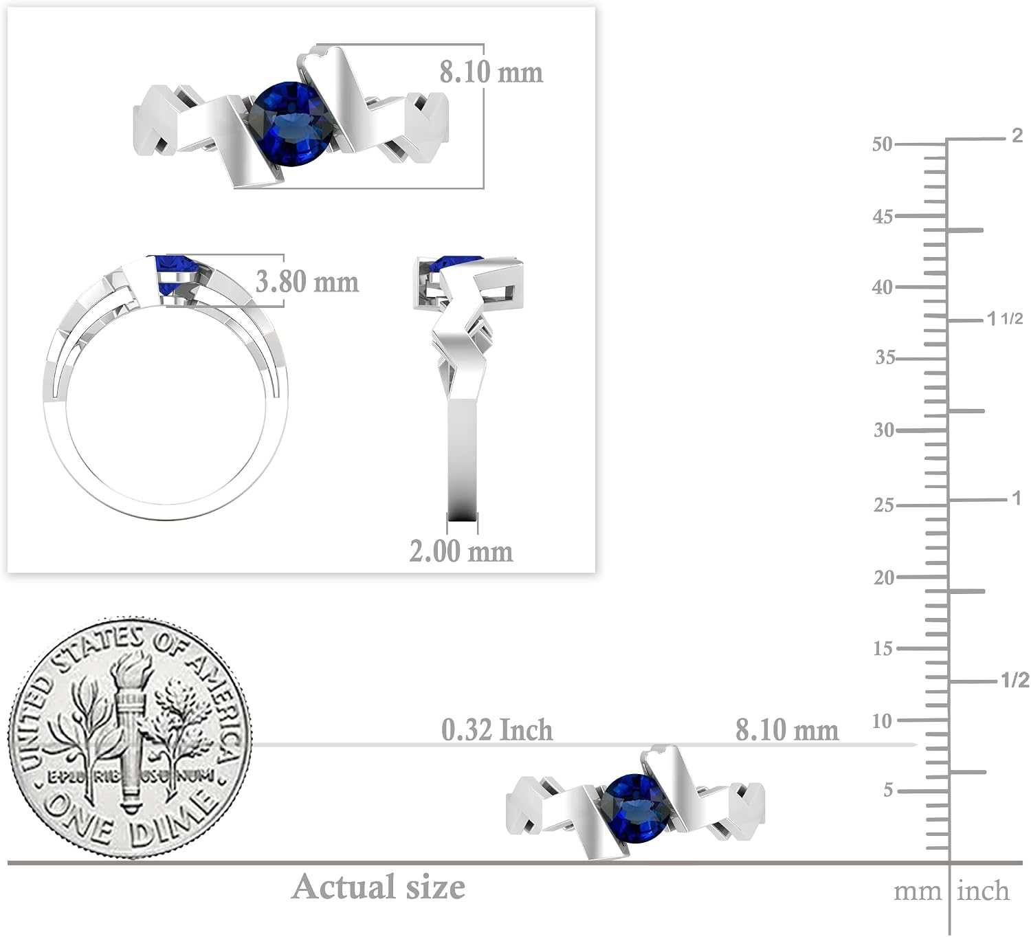 5mm Round Lab Created Blue Sapphire Zigzag Solitaire Engagement Ring for Women in 14K Real Solid Gold