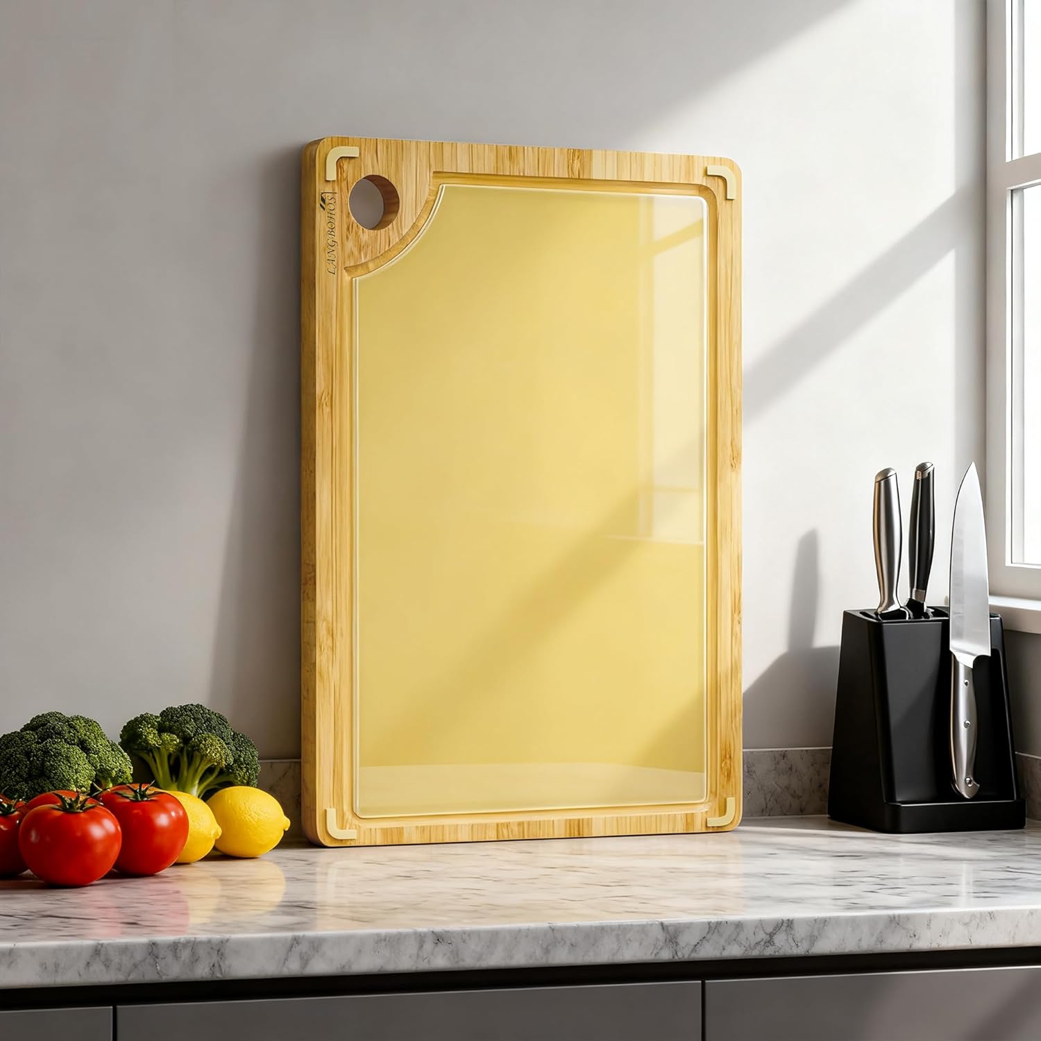 2-In-1 Bamboo & Tempered Glass Cutting Board - Non Toxic Chopping Board for Kitchen with Juice Groove, Non-Slip and Easy to Clean,Double-sided usable(Large-17"L x 12"W) Yellow-Large