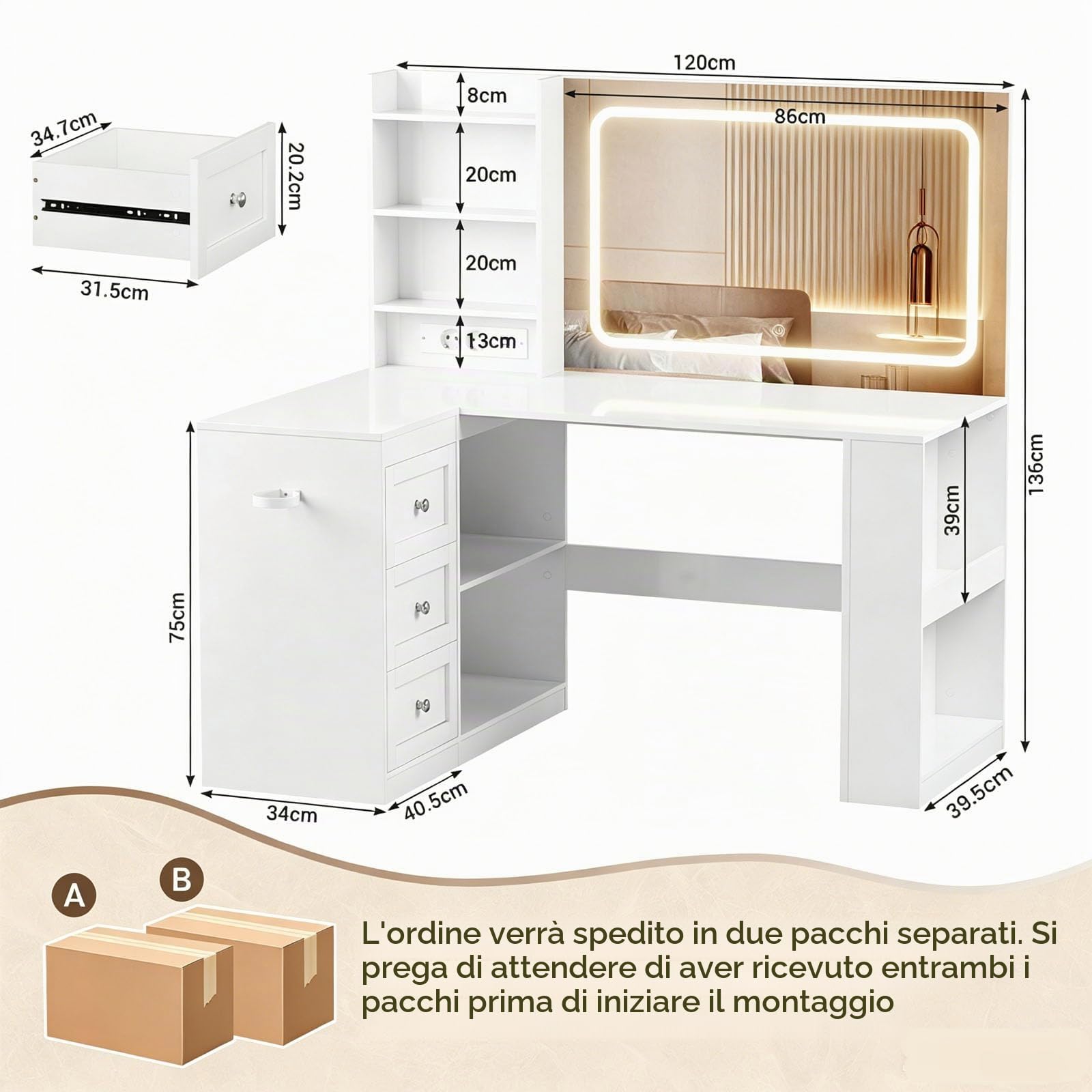 YOUDENOVA Toeletta Trucco con Luci e Prese a Led Regolabili, Toletta con Grande Specchio, Tavolo da Trucco con 3 Cassetti, 7 Ripiani per la Camera da Letto, Bianco