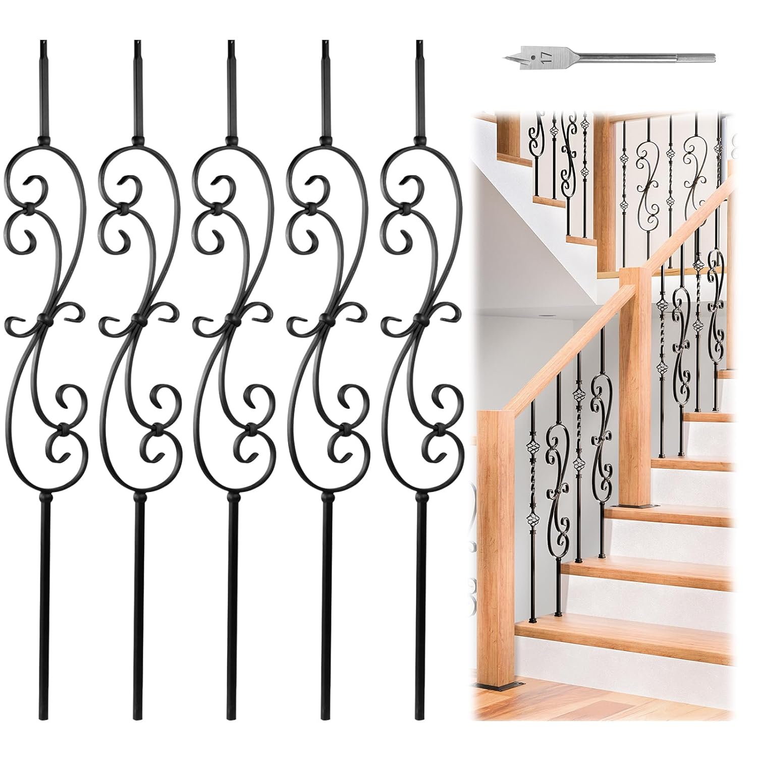 Muzata 5Pack Wrought Iron Baluster 44'' S-Shaped Staircase Stair Spindles Scroll Stair Balusters for Staircase Interior WT03 S-Scroll 5
