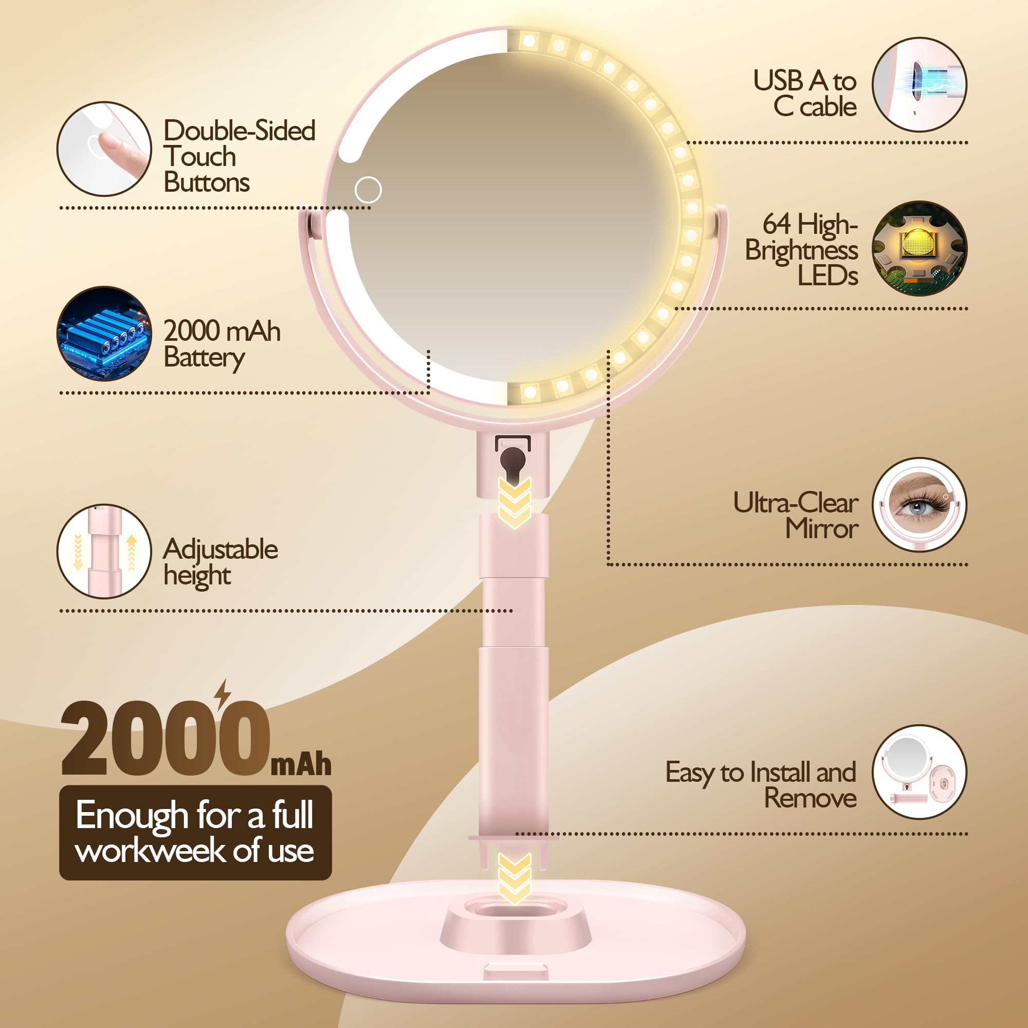 MOMOKUBA Specchio per il trucco con luci, specchio ingranditore a doppia faccia 1x/20x con luce, luci ricaricabili a 3 colori e luminosità regolabile, rotazione a 360° rimovibile (rosa)