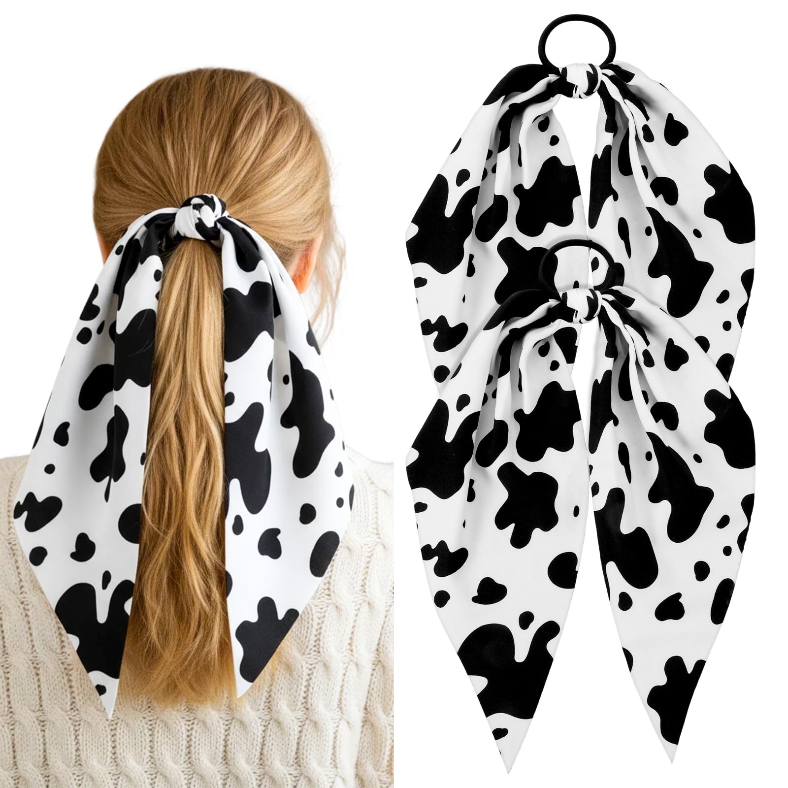 2PCS Cow Print Hair Band for Women Girls, Non-Slip Cow Print Bandana Rabbit Bunny Ear Bow Bowknot Elastic Scrunchies Hairs Tie Ropes Ponytail Holder Hair Accessories