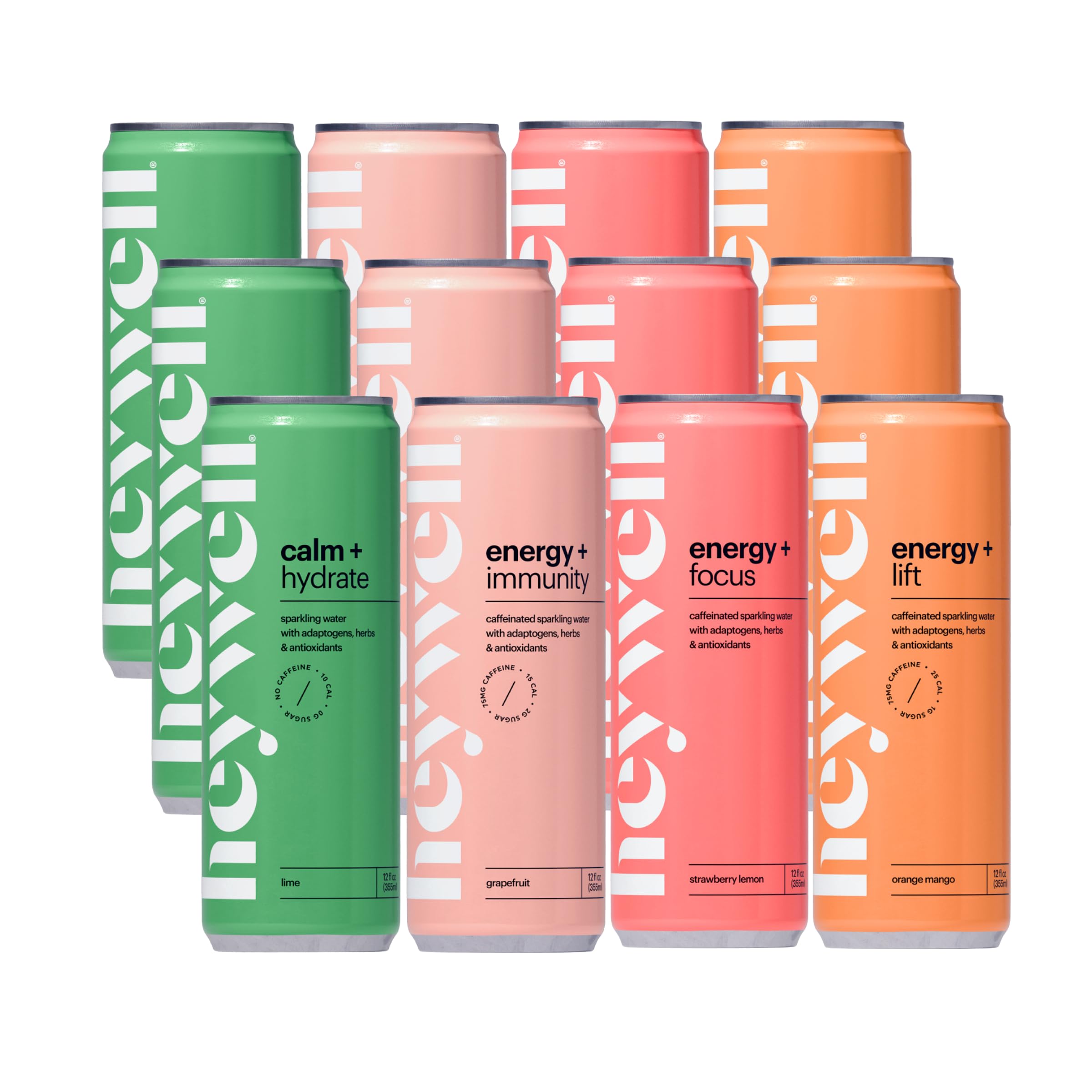 Heywell Sparkling Adaptogenic Water, Variety Pack 12 Fluid Ounce (Pack of 12) Includes - Lime, Grapefruit, Orange Mango, Strawberry Lemon - Calm Drink, Sparkling Drink