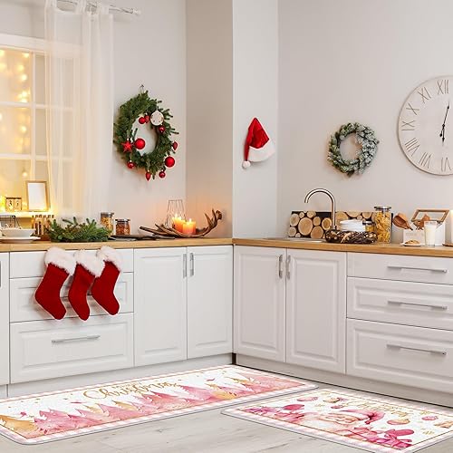 Miniatura 4 de Juego de 2 alfombras y tapetes de cocina con texto en inglés "Merry Christmas", tapete para fregadero de invierno y vacaciones, tapete para cocina,