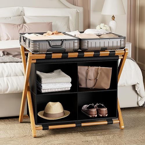 Miniatura 4 de Portaequipajes de bambú con 4 compartimentos de almacenamiento, soporte plegable para maleta para habitación de invitados, capacidad de 150 libras,